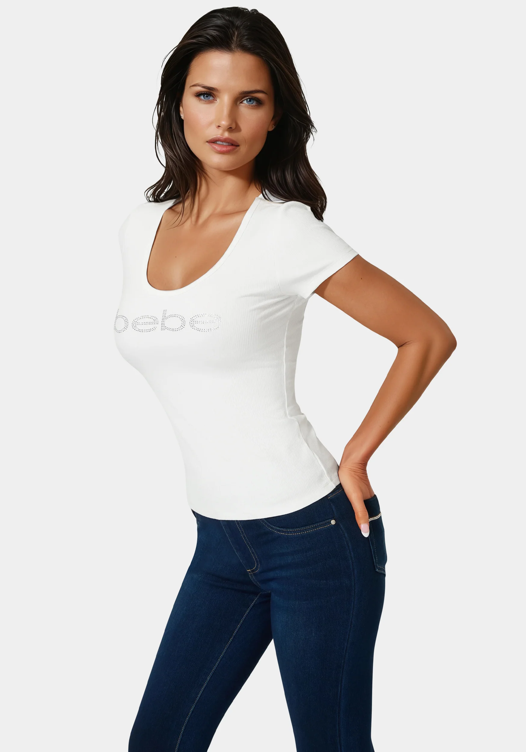 Bebe Logo Short Sleeve Round Neck Rib Top