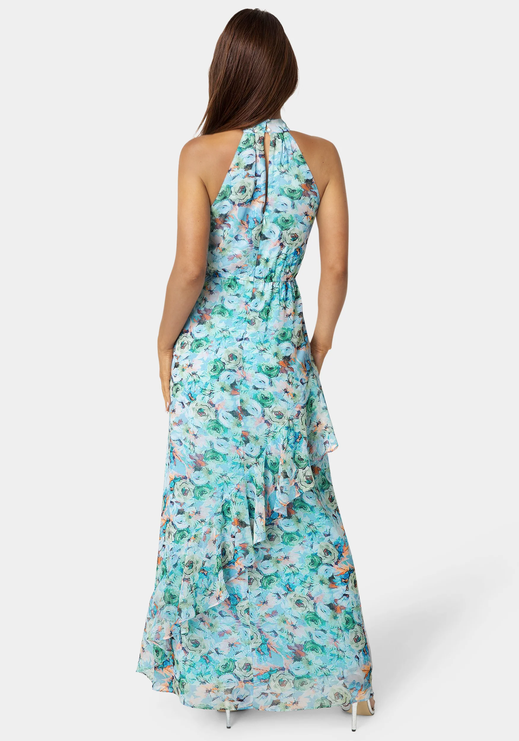 Printed Chiffon Halter Ruffle Dress