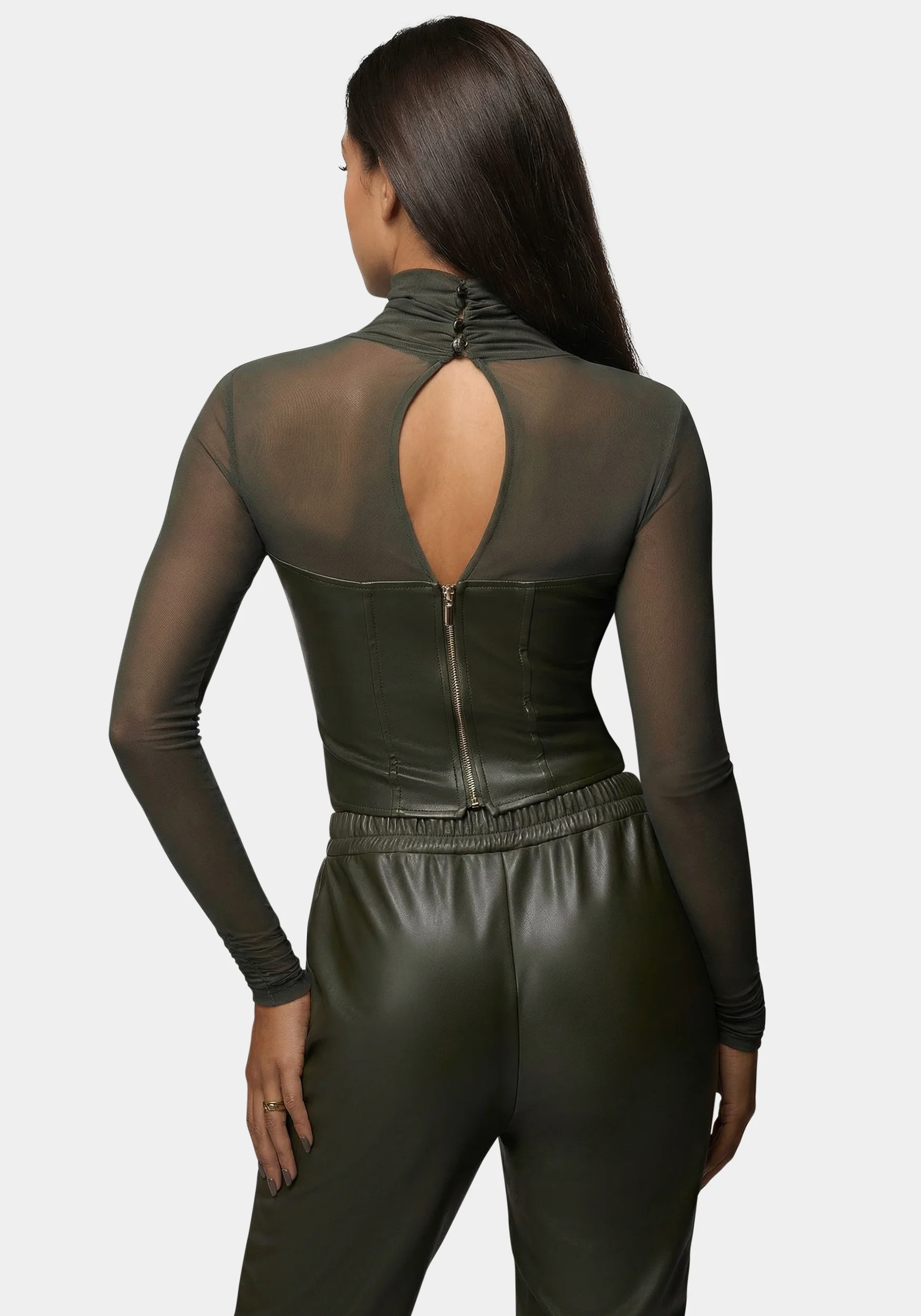 Mock Neck Mesh Combo Vegan Leather Top