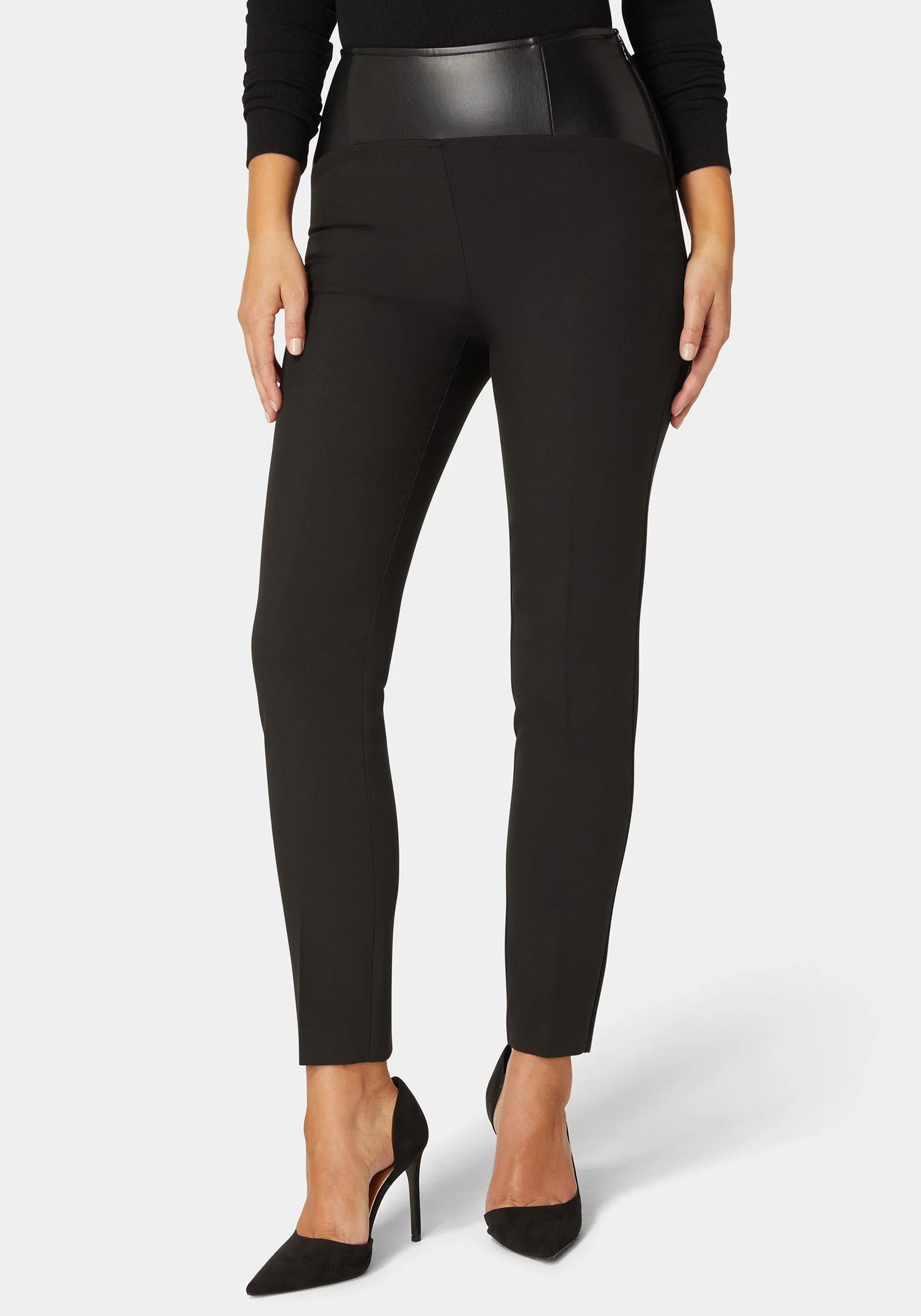10316-high-waist-vegan-leather-yoke-woven-twill-slim-leg-pant-1.webp High Waist Vegan Leather Yoke Woven Twill Slim Leg Pant