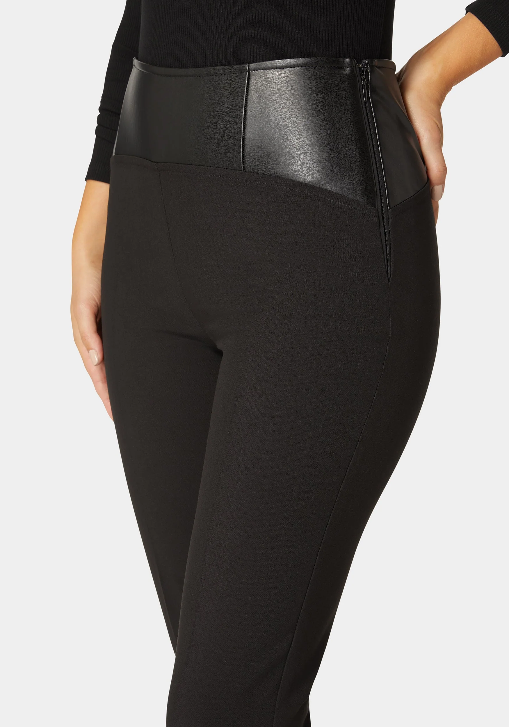 10316-high-waist-vegan-leather-yoke-woven-twill-slim-leg-pant-2.webp High Waist Vegan Leather Yoke Woven Twill Slim Leg Pant