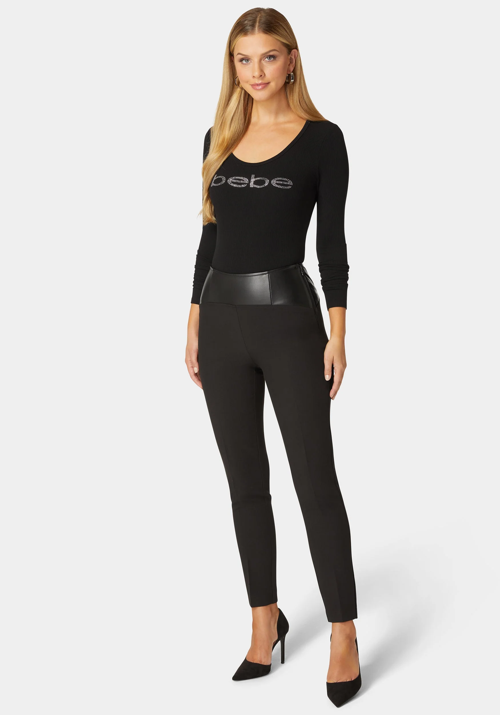 10316-high-waist-vegan-leather-yoke-woven-twill-slim-leg-pant-3.webp High Waist Vegan Leather Yoke Woven Twill Slim Leg Pant