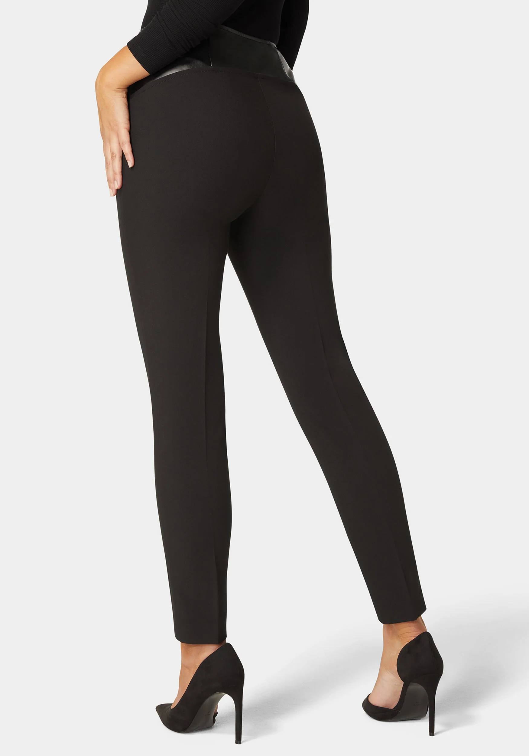 10316-high-waist-vegan-leather-yoke-woven-twill-slim-leg-pant-4.webp High Waist Vegan Leather Yoke Woven Twill Slim Leg Pant