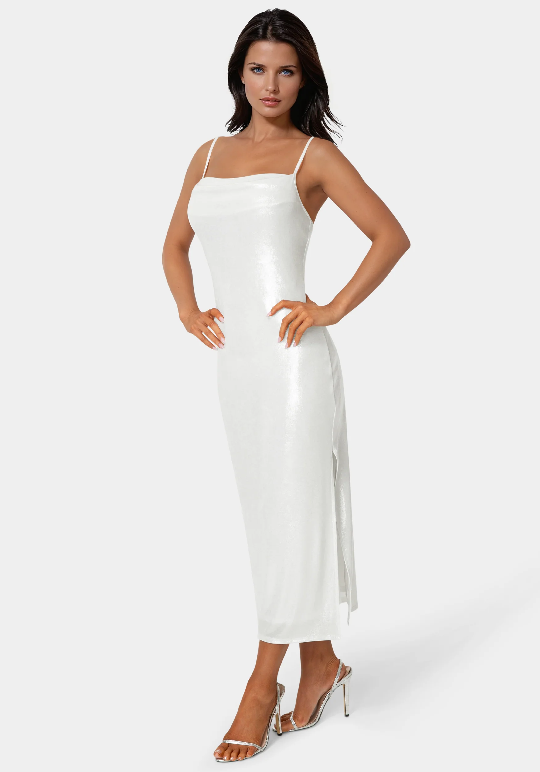 Foil Metallic Slinky Cowl Maxi Dress