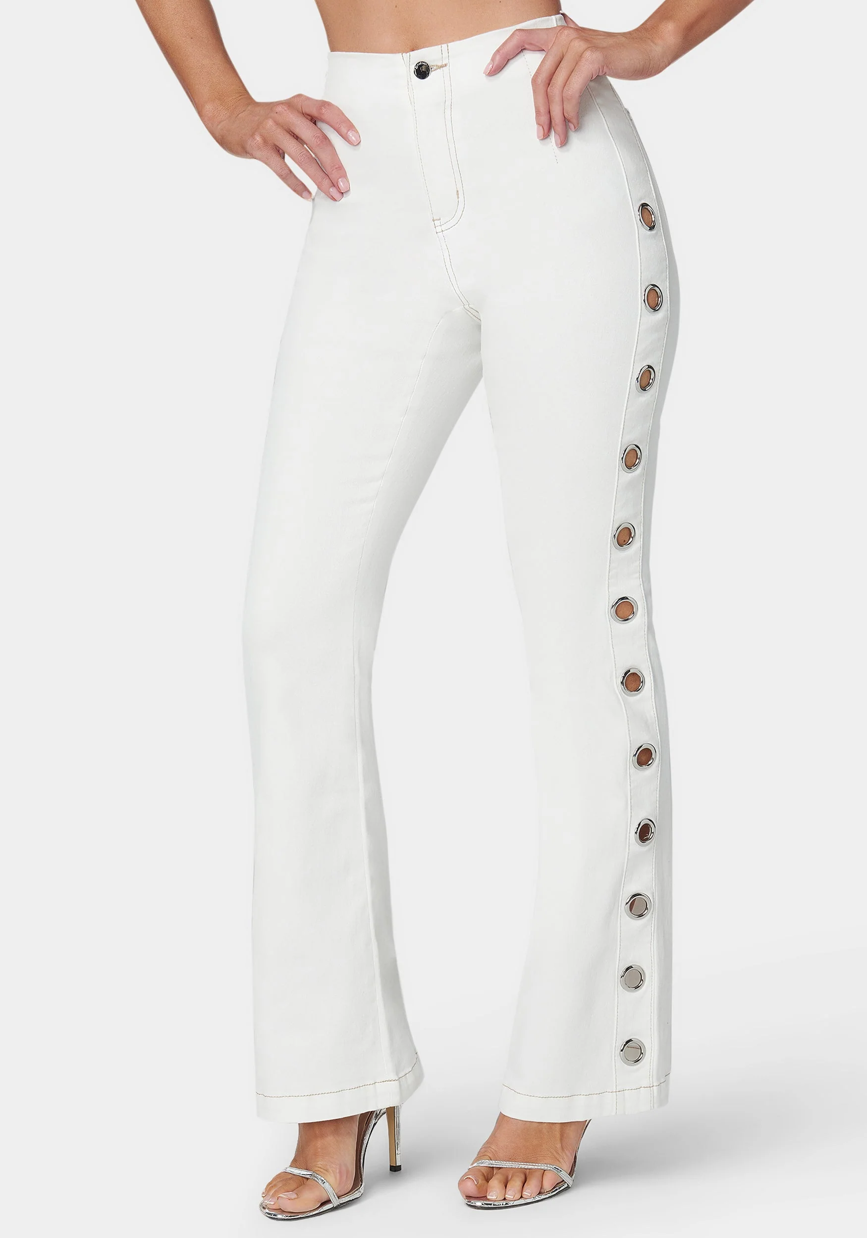 White High Waist Flared Grommet Jeans