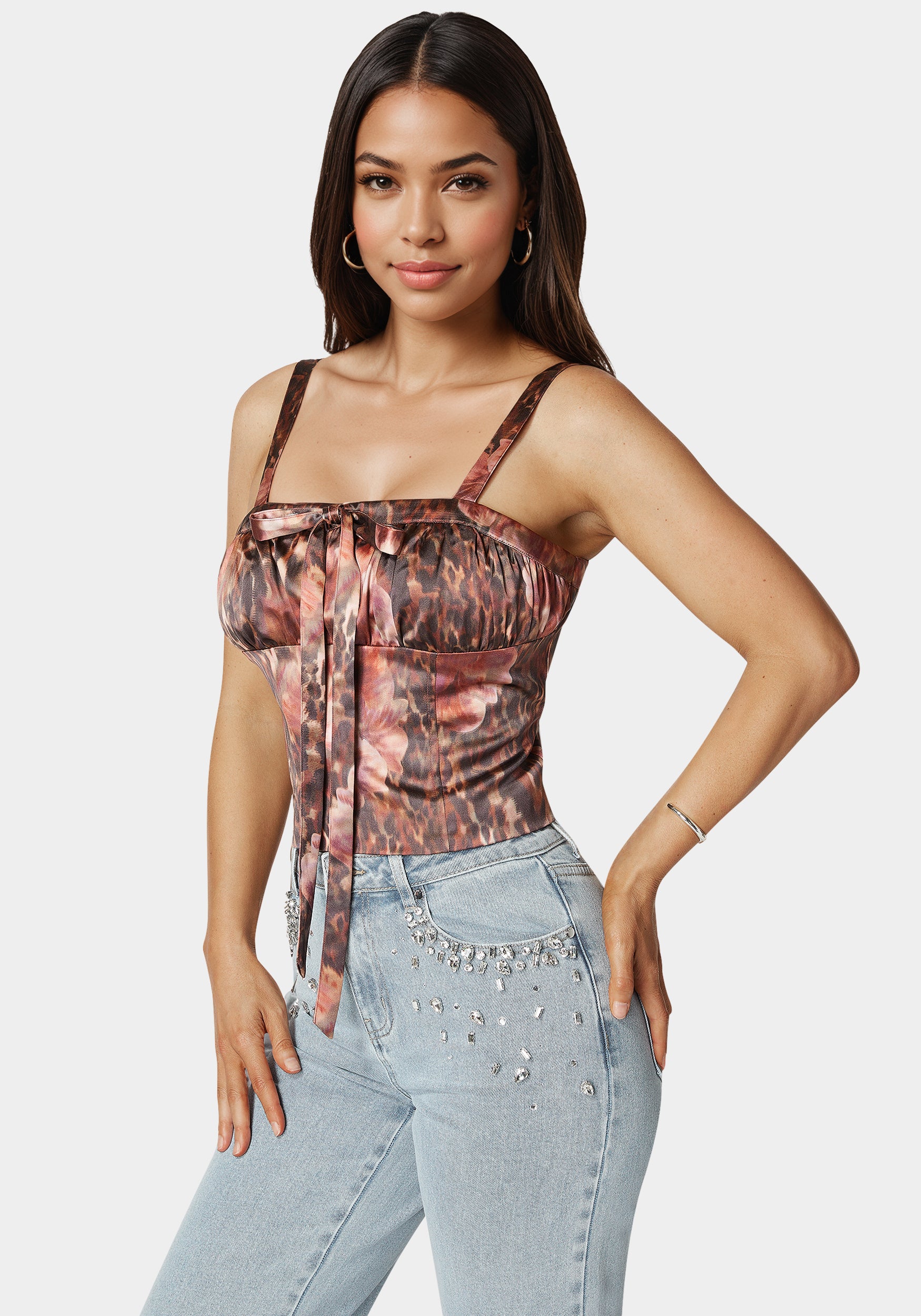Tie Front Ruched Bust Satin Corset