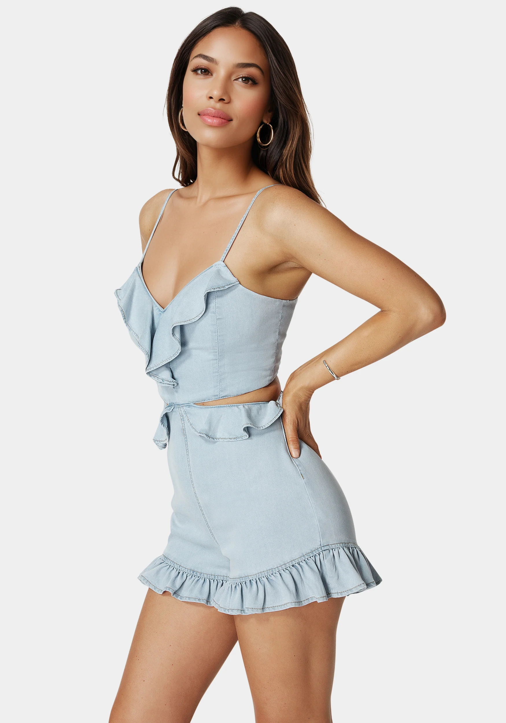 11078-ruffled-v-neck-denim-romper-3.webp Ruffled V Neck Denim Romper