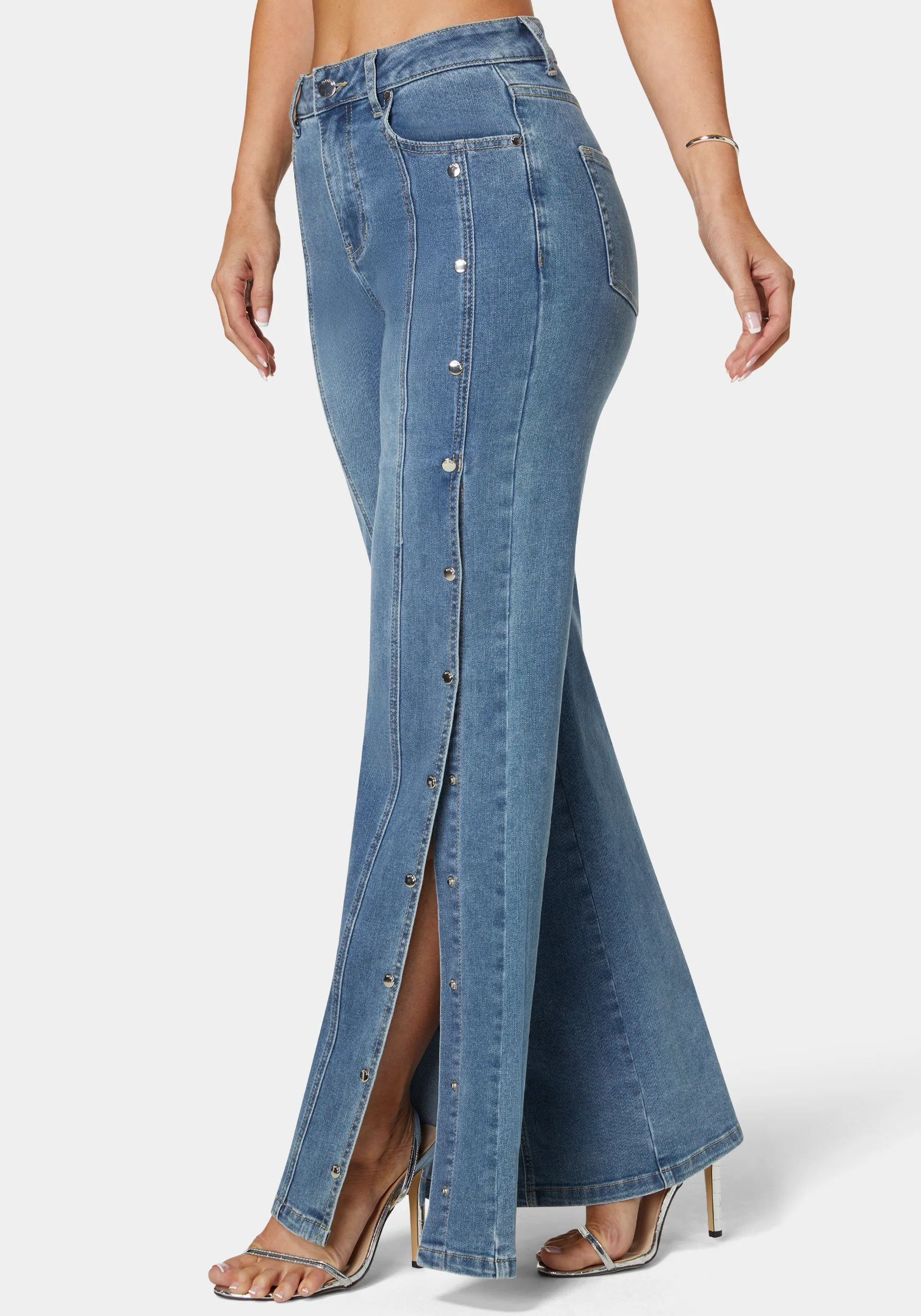 High Waist Snap Detail Wide Leg Jeans