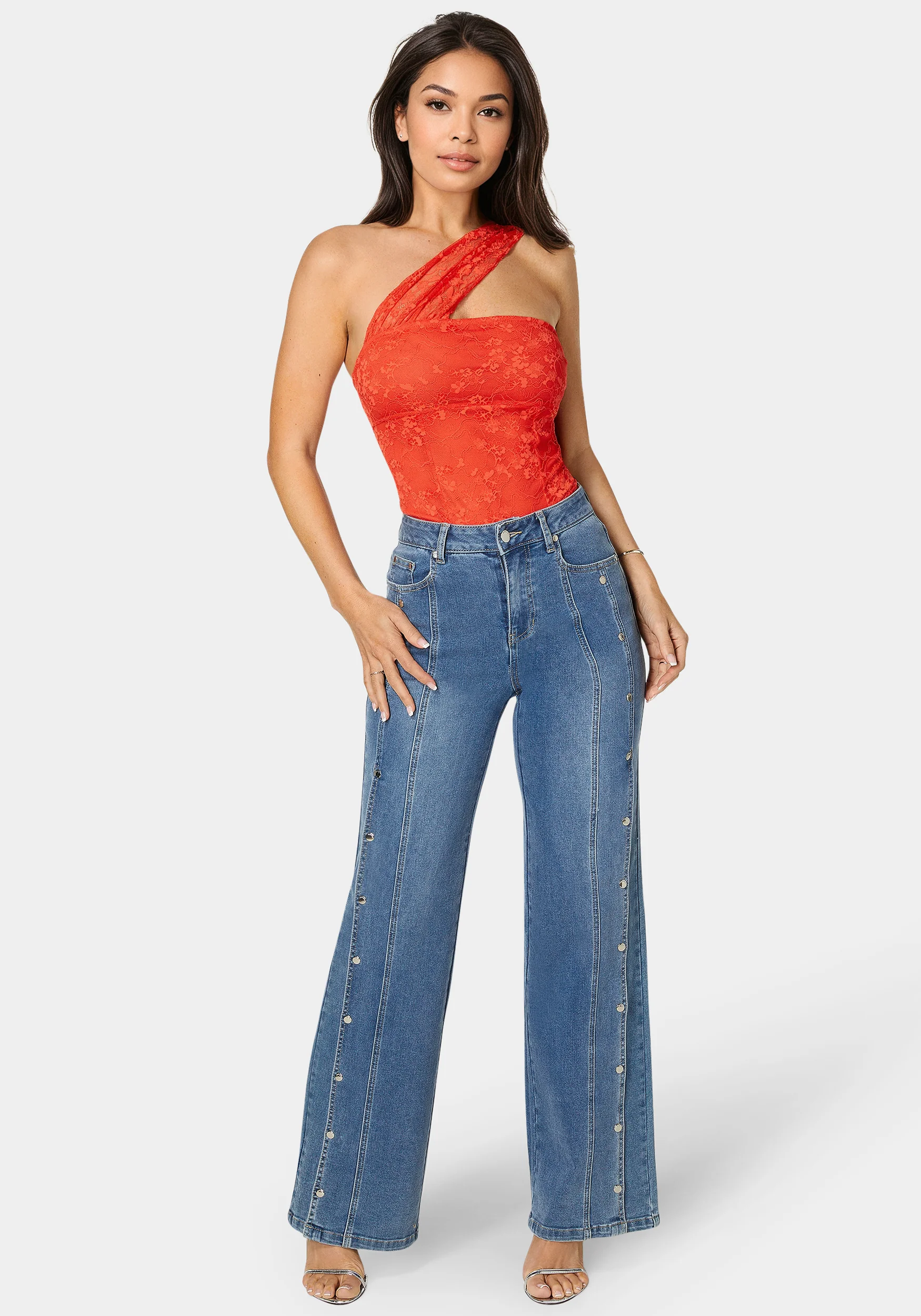 High Waist Snap Detail Wide Leg Jeans
