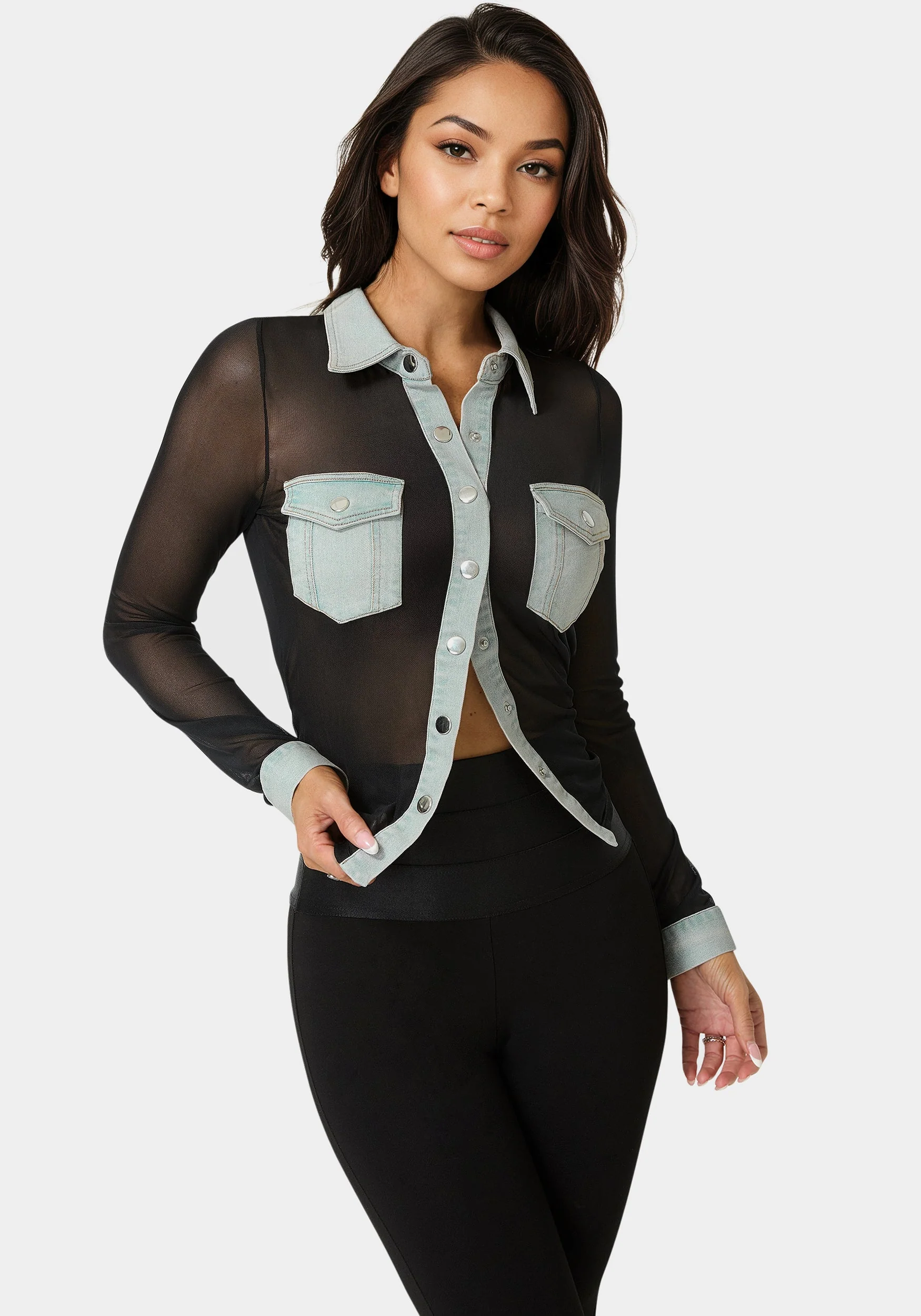Button Down Mesh Denim Top