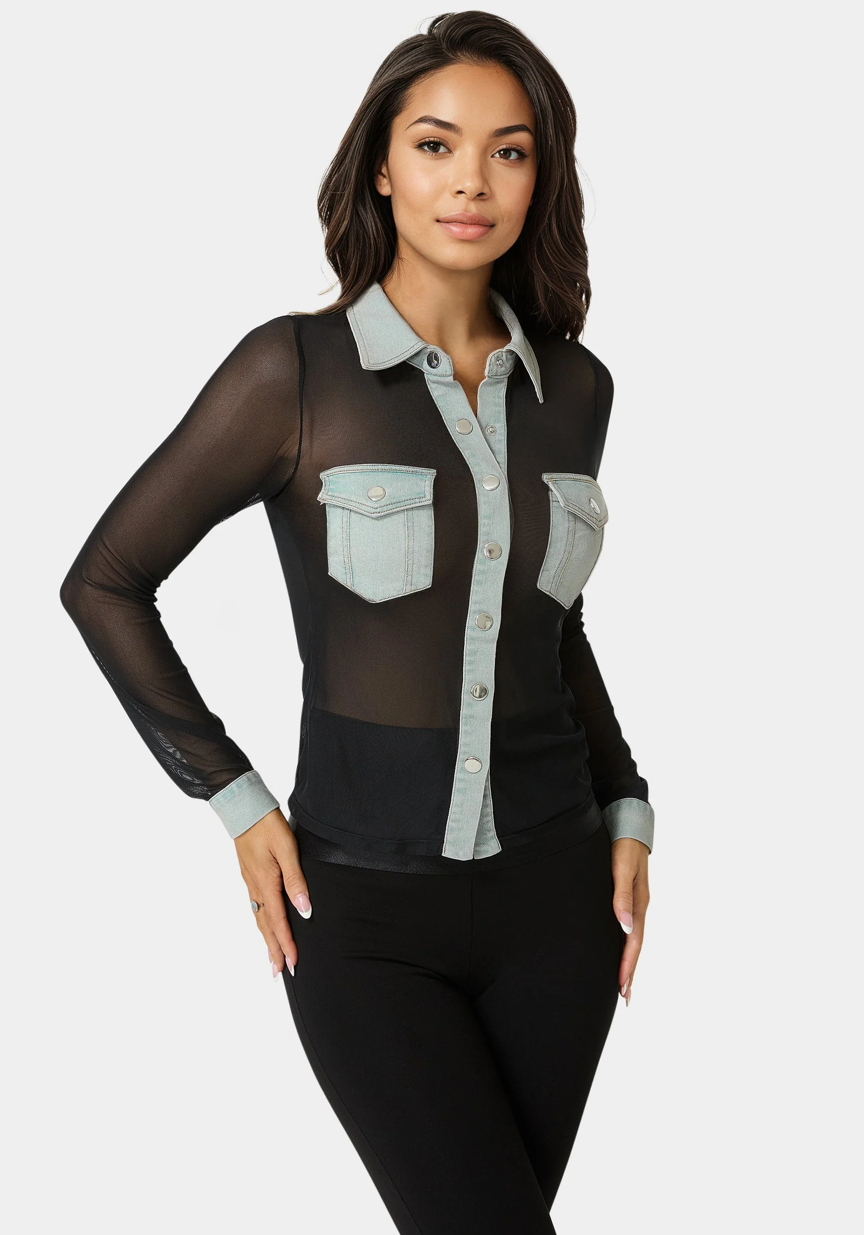 Button Down Mesh Denim Top