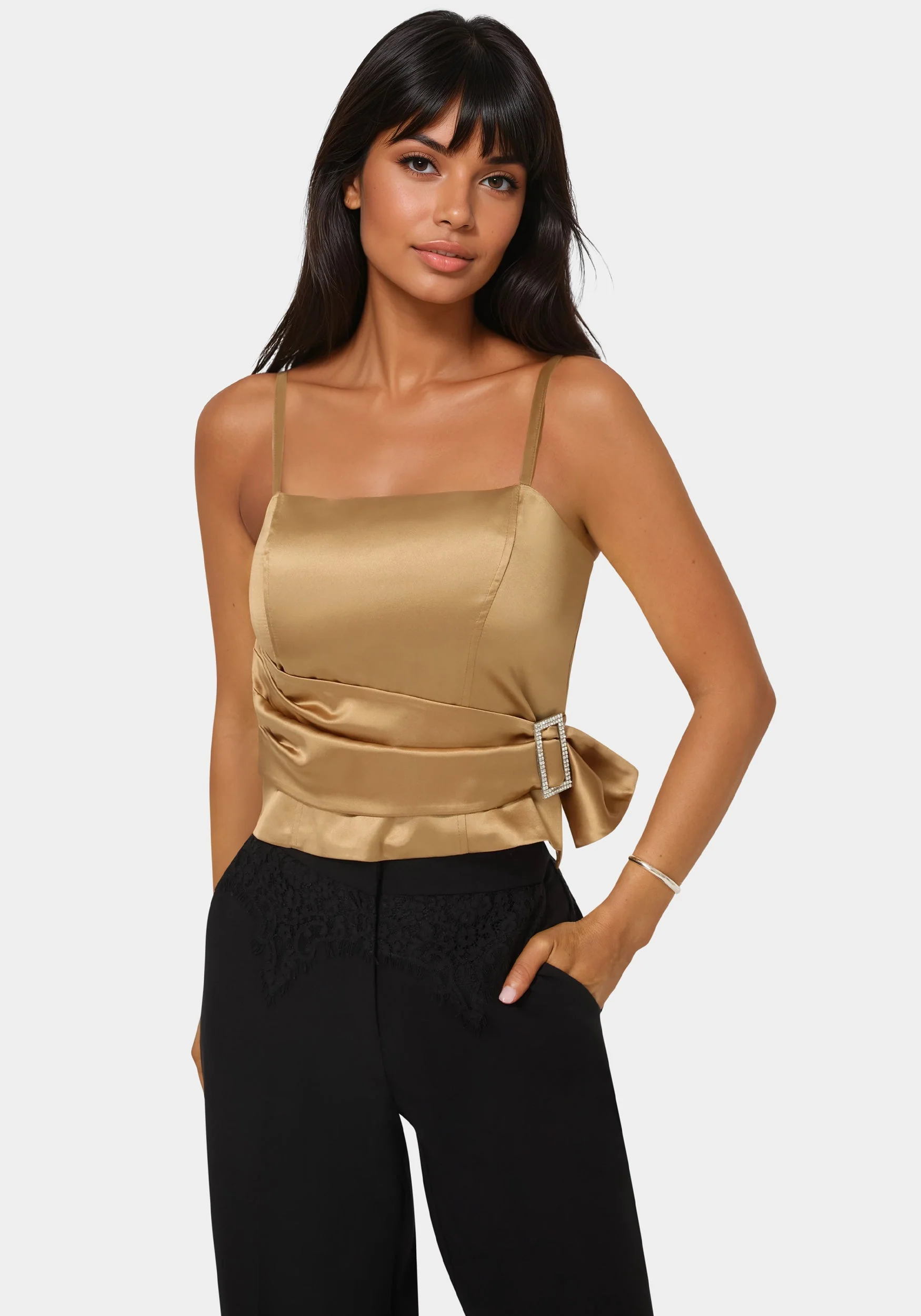 Satin Rhinestone Buckle Corset Top