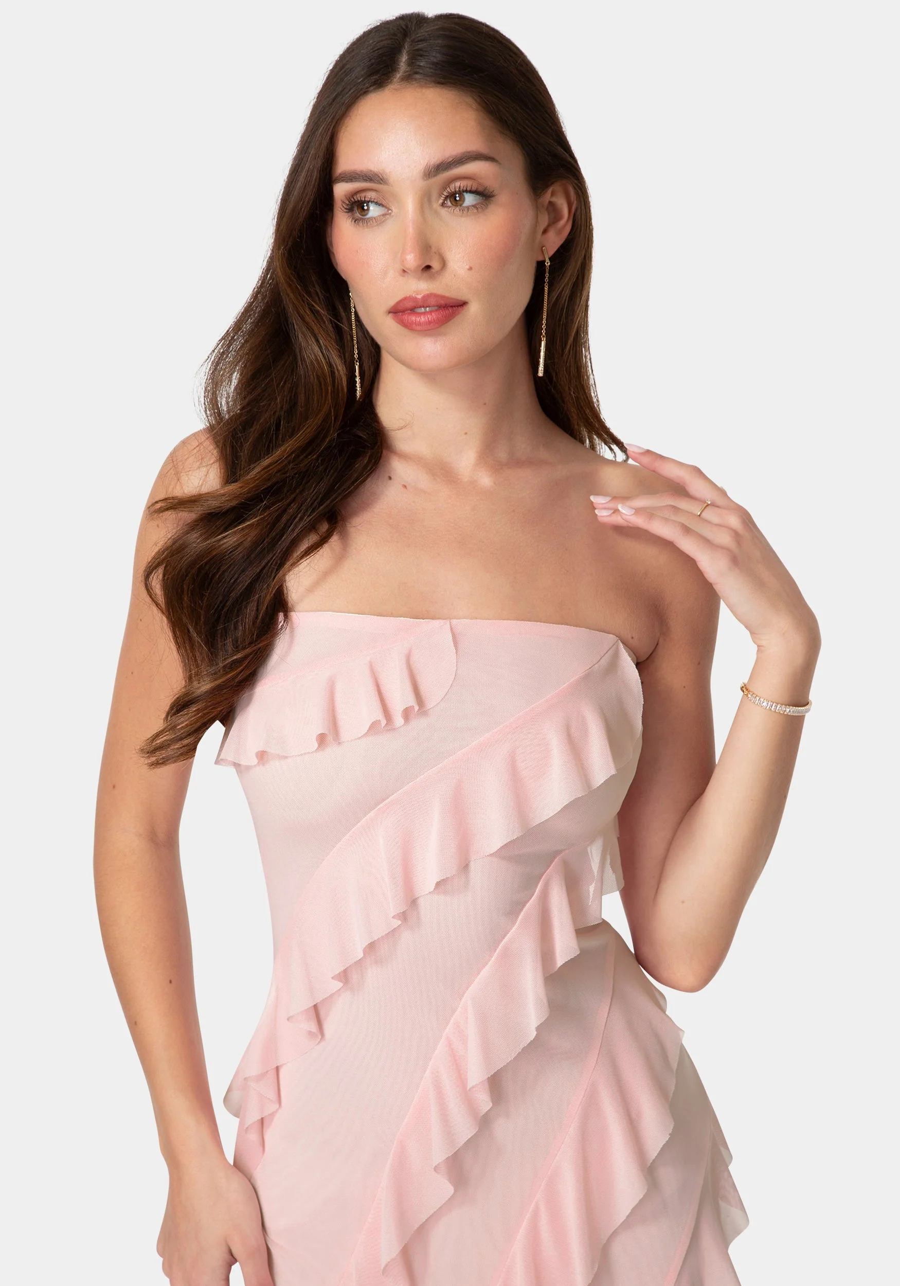 Strapless Mesh Ruffle Maxi Dress