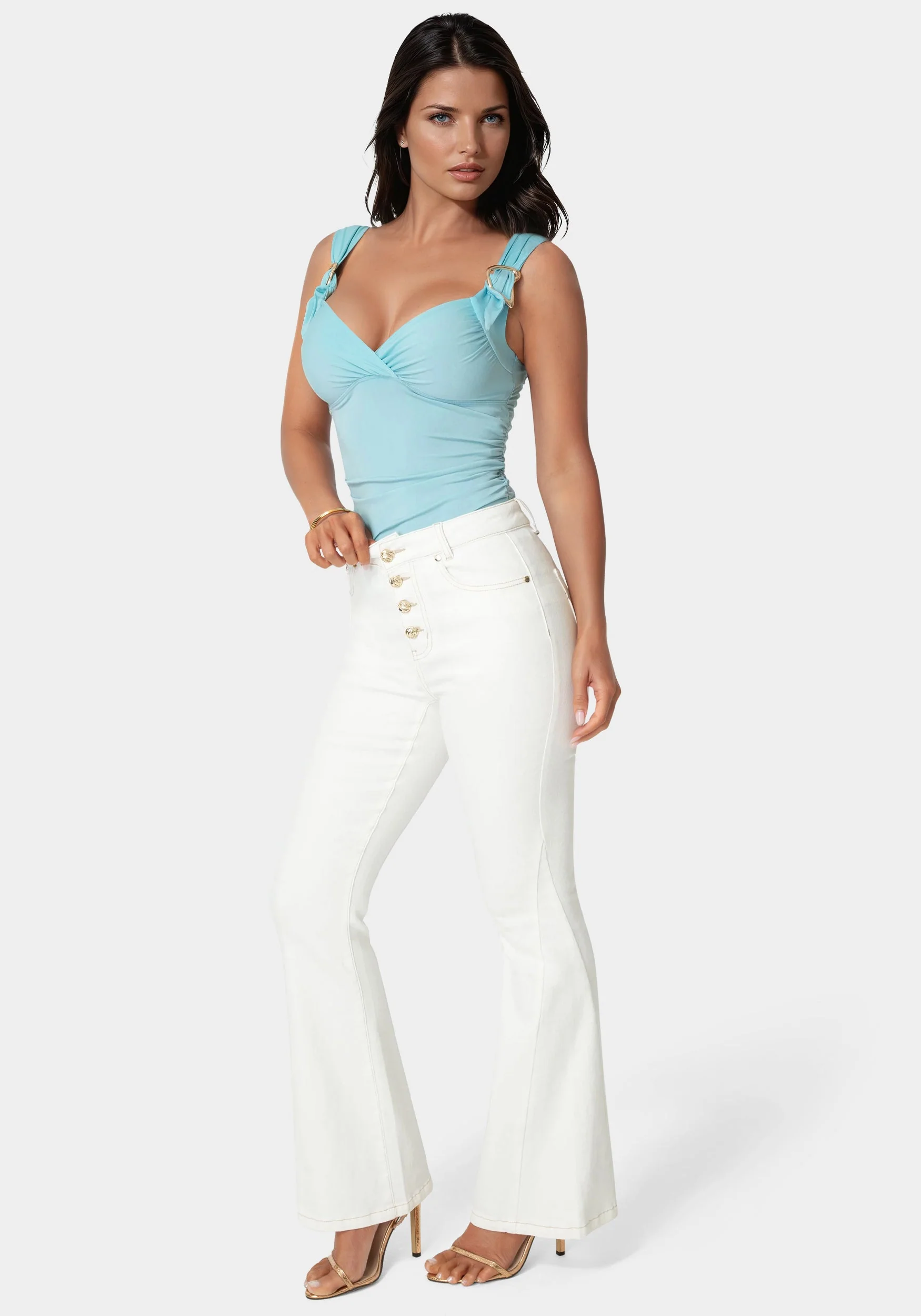 Natural Waist Flared White Jeans