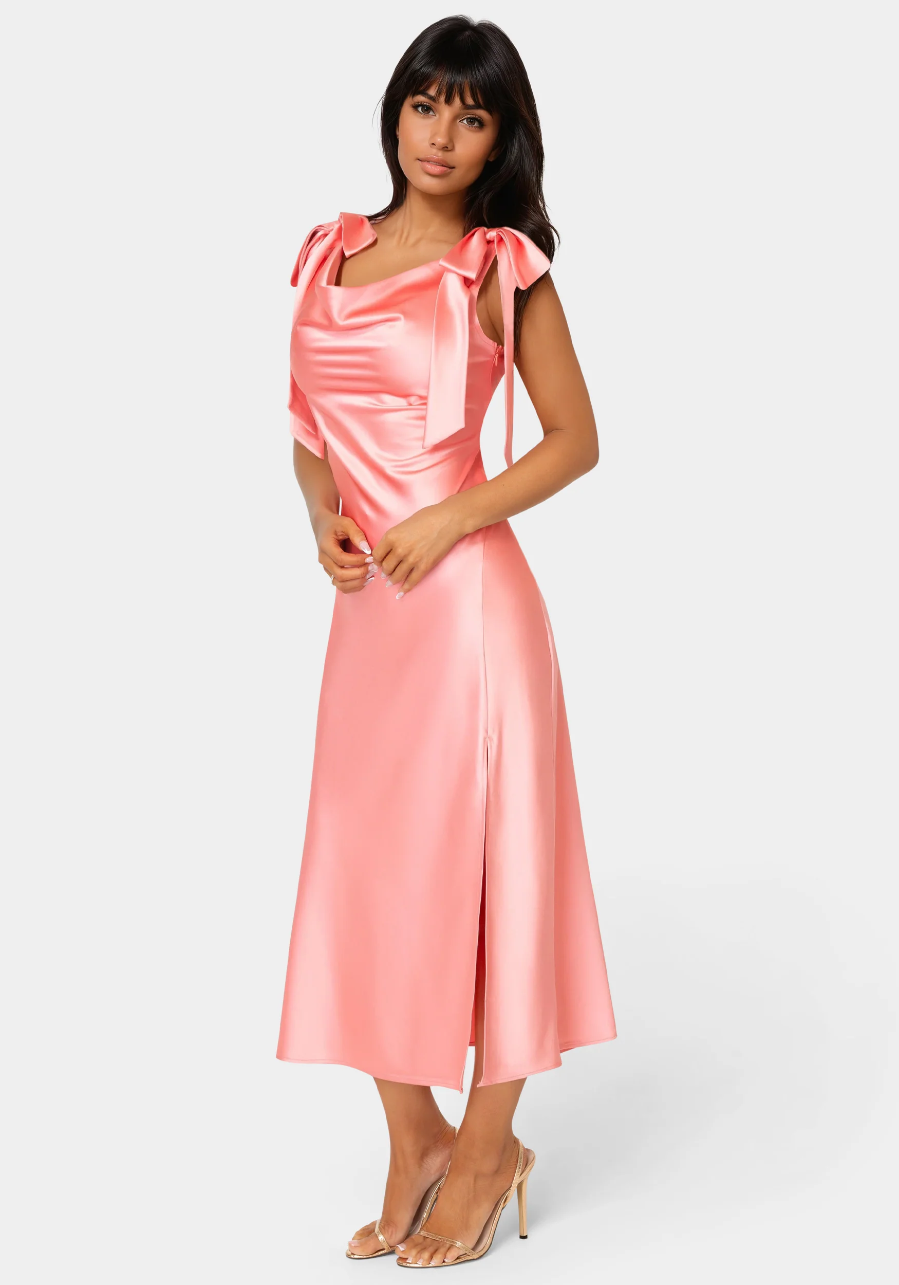 Bow Strap Satin Midi Dress