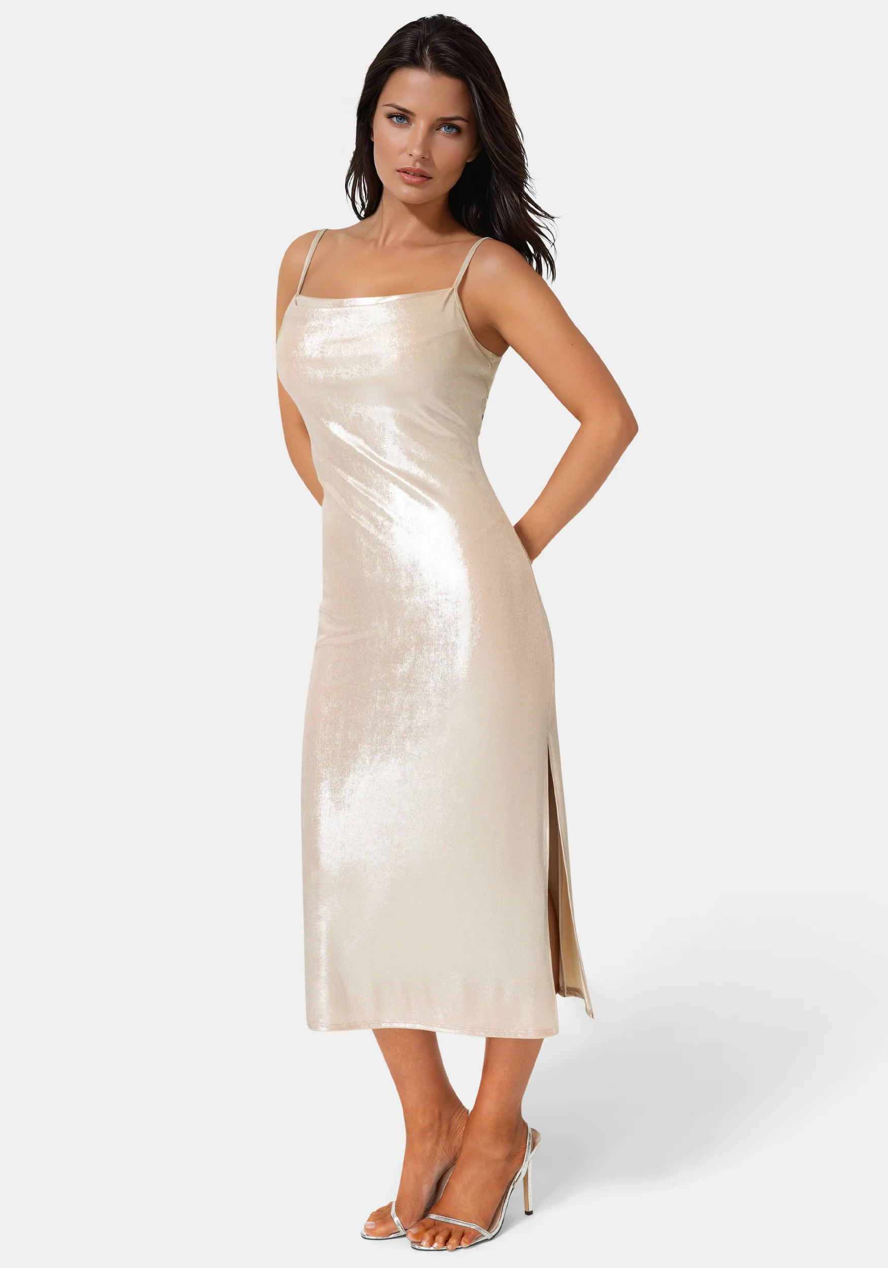 Foil Metallic Slinky Cowl Maxi Dress