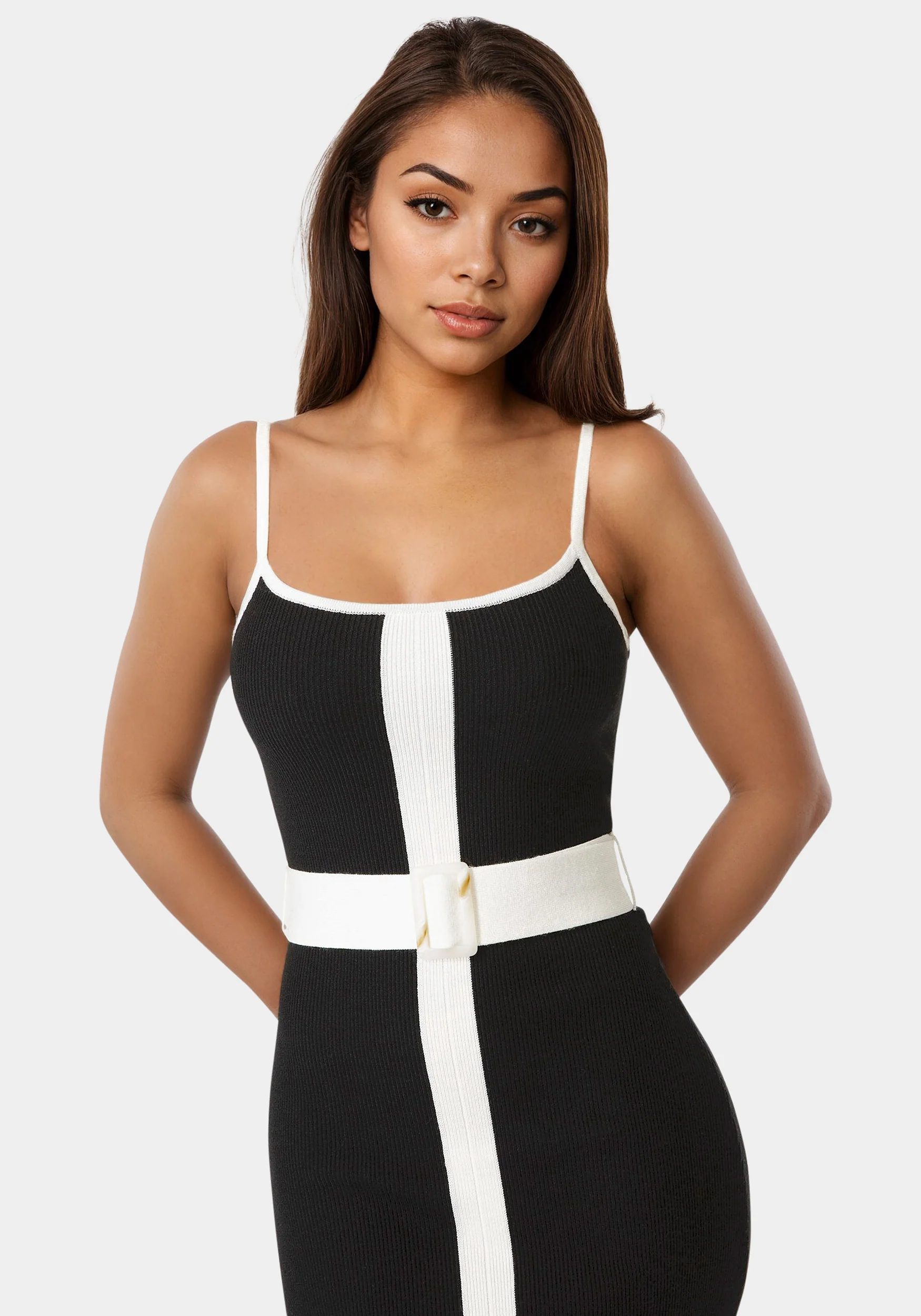 Rib V-Neck Bodycon Maxi Dress with Belt