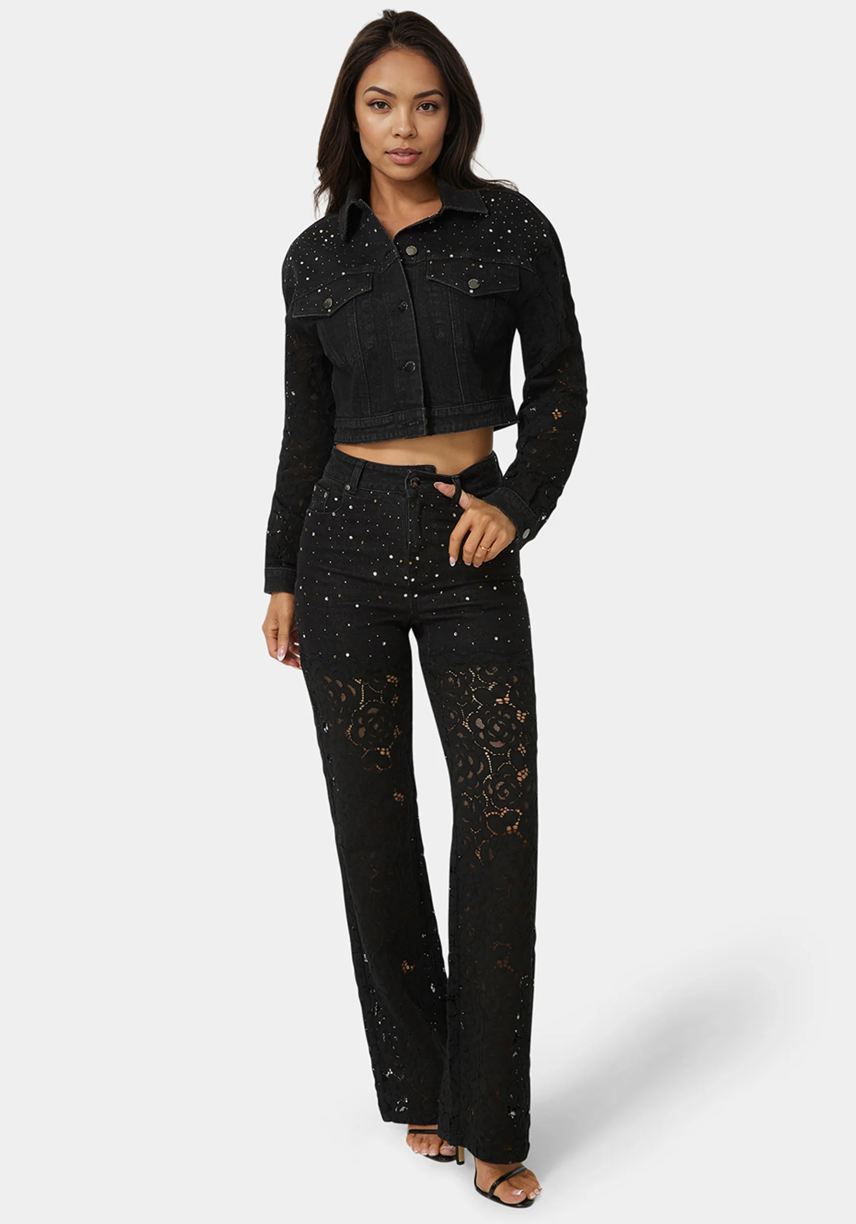 Drop Shoulder Embellished Lace Denim Jacket