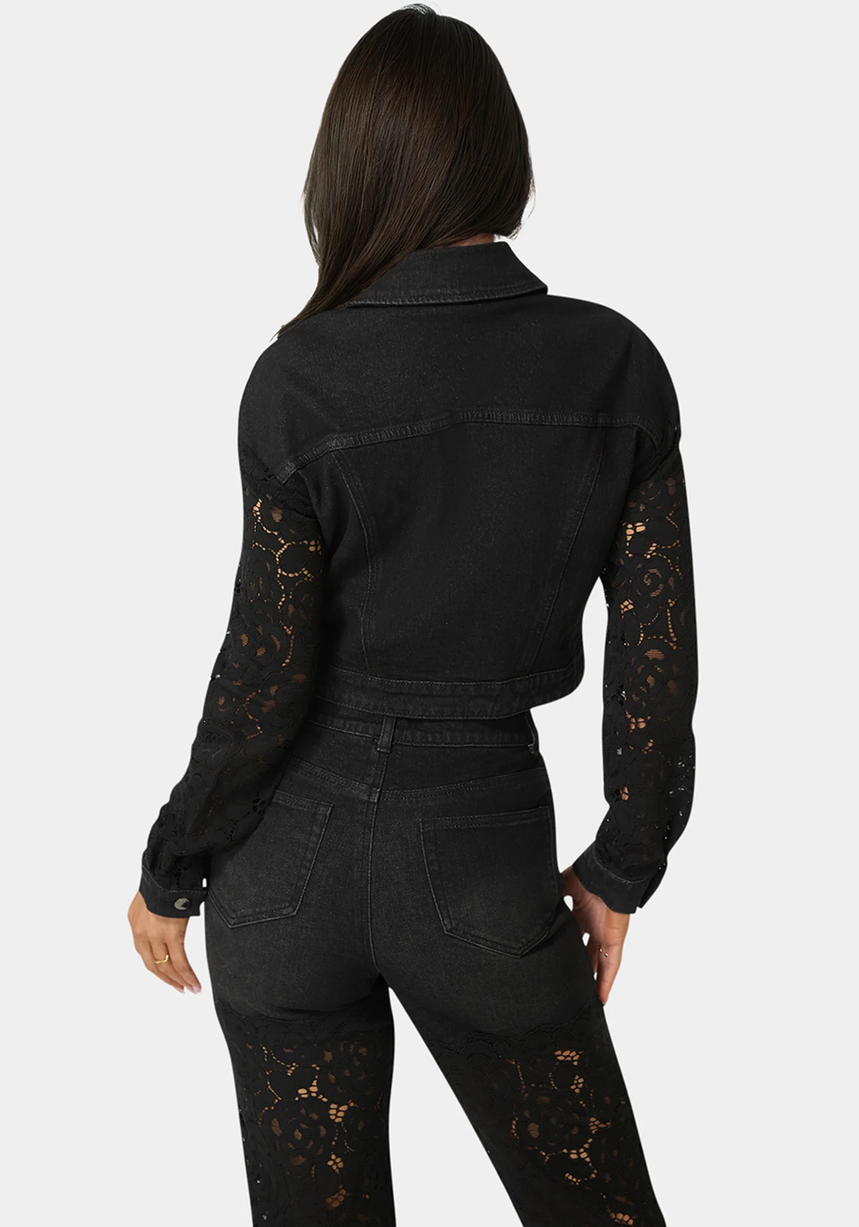 Drop Shoulder Embellished Lace Denim Jacket