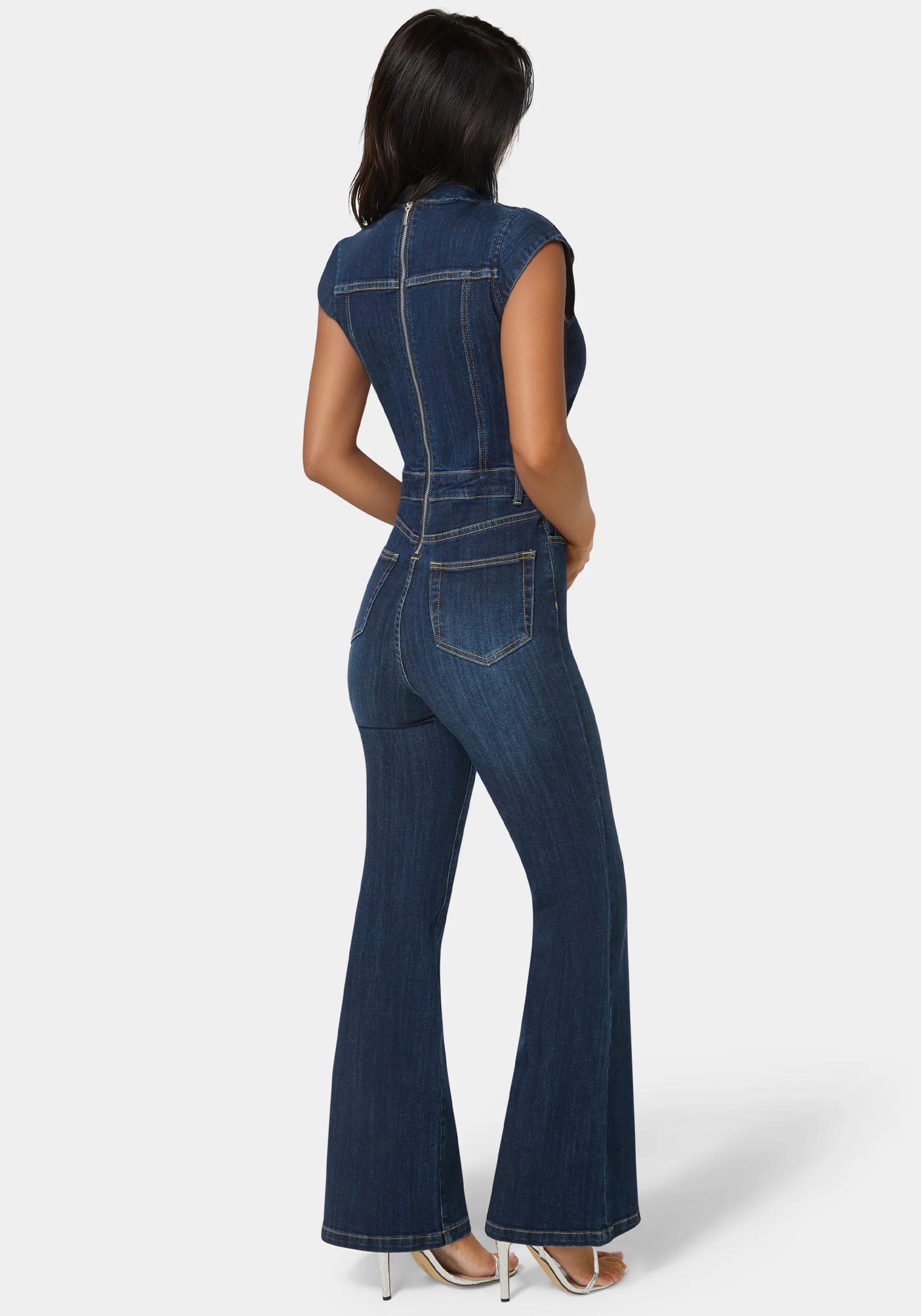 Embellished Neckline Flared Leg Denim Jumpsuit