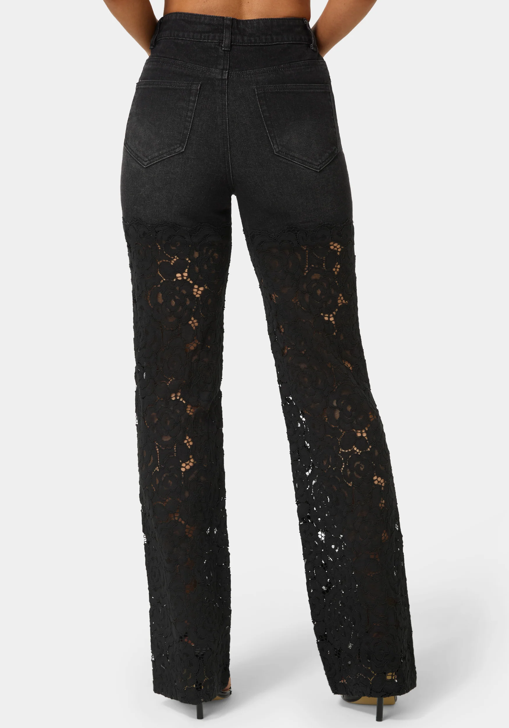 High Waist Embellished Lace Wide Leg Jeans