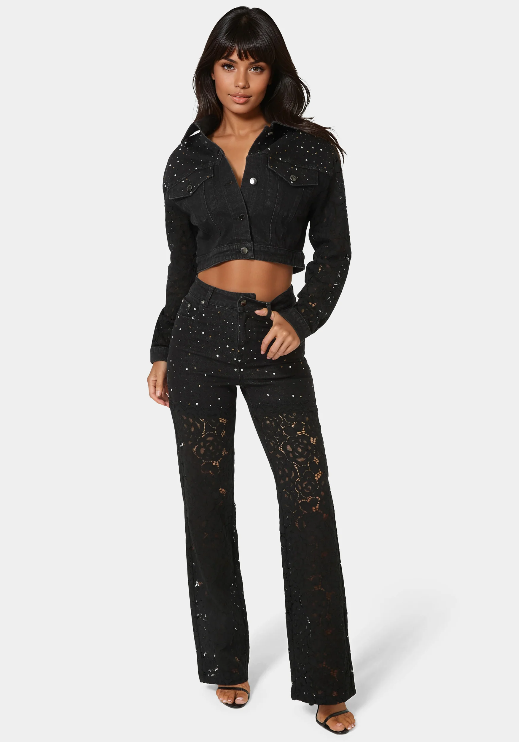 High Waist Embellished Lace Wide Leg Jeans