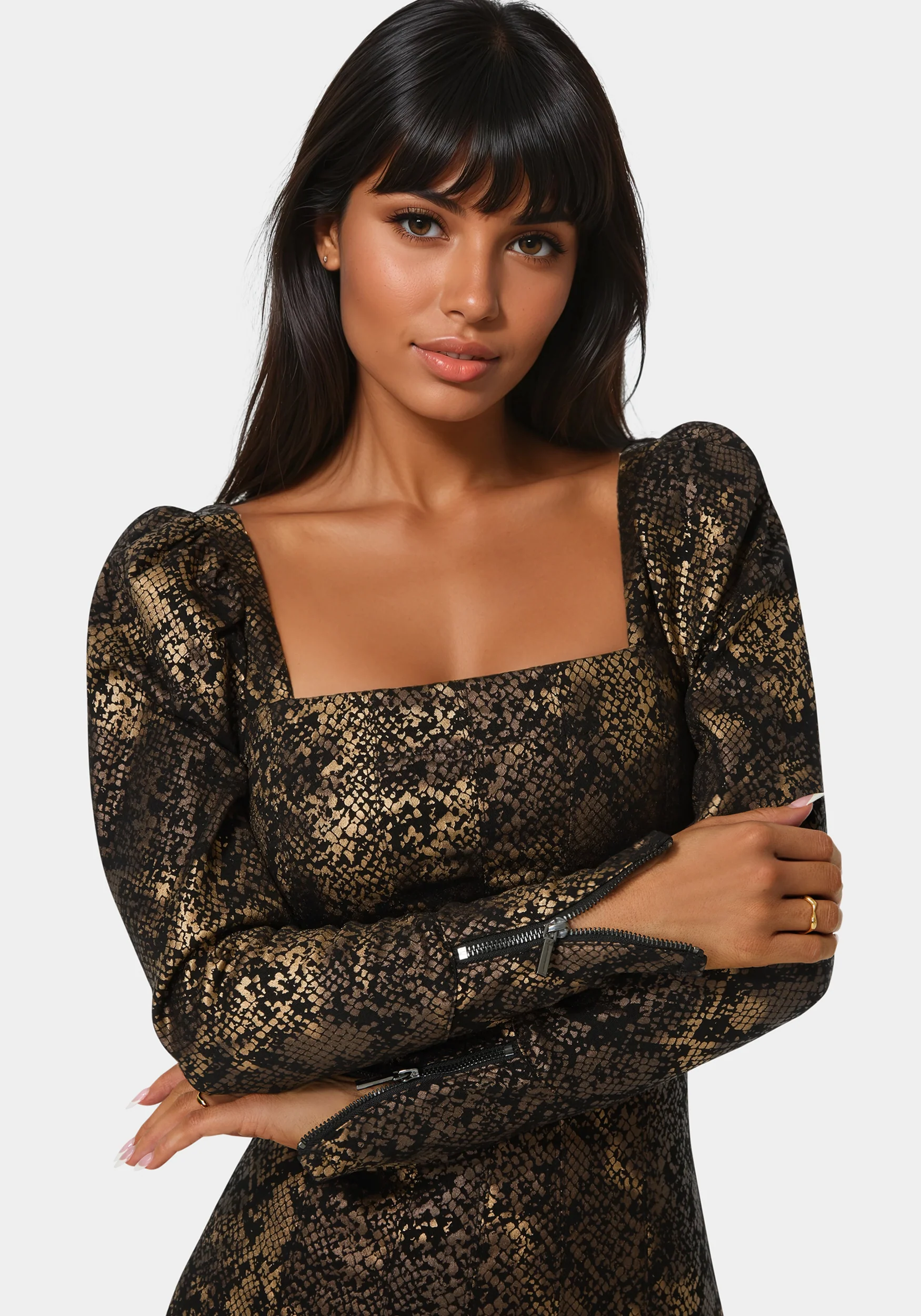 Puff Sleeve Fitted Foil Print Denim Dress