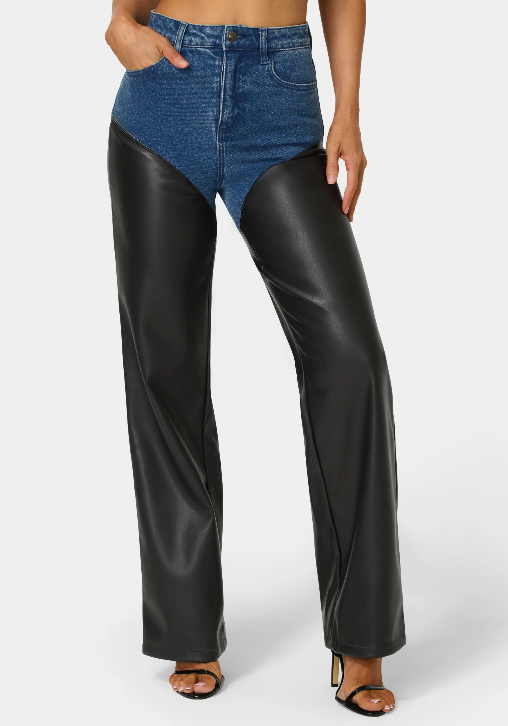14286-high-waist-vegan-leather-combo-wide-leg-jean-1.webp High Waist Vegan Leather Combo Wide Leg Jean