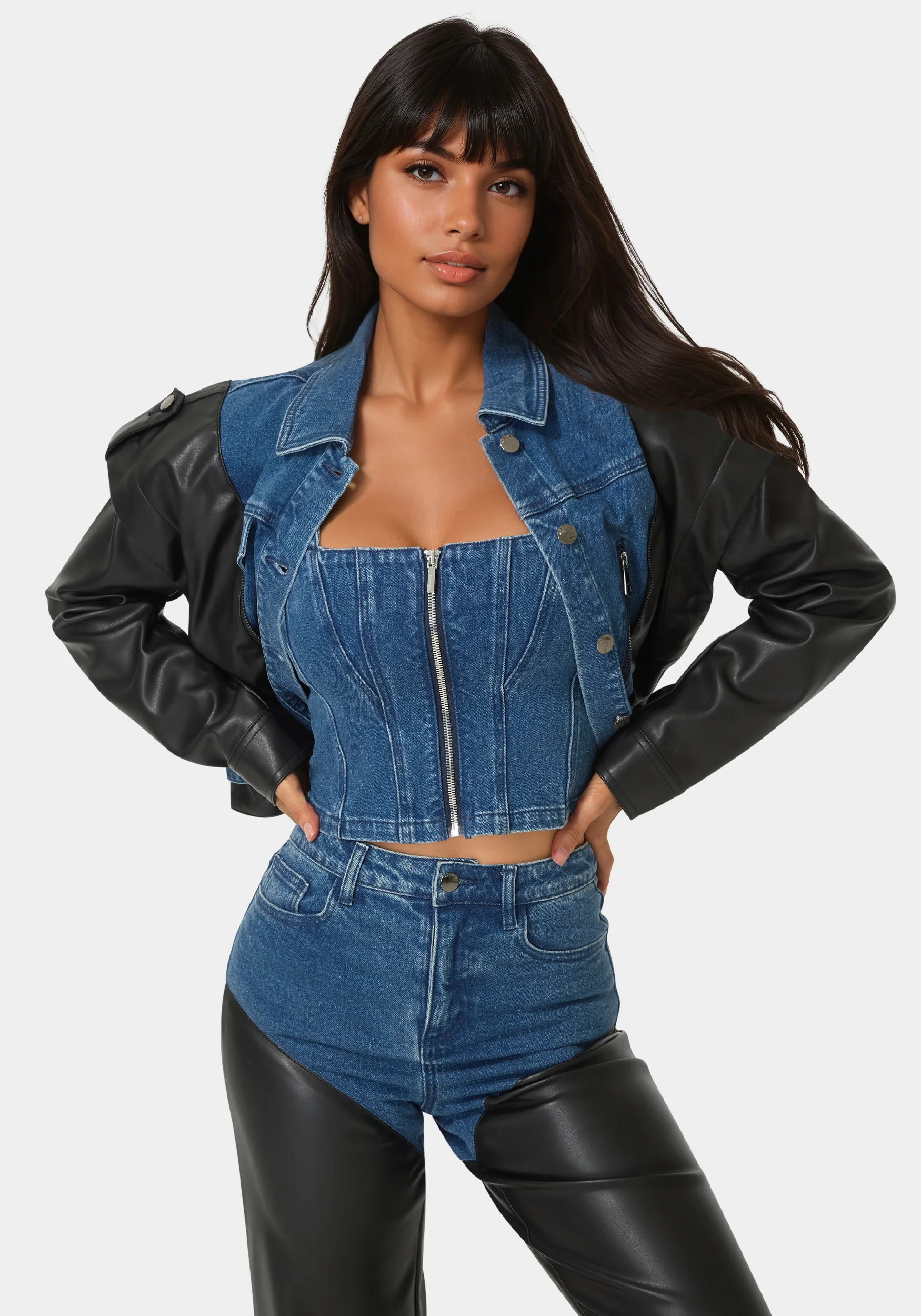 Vegan Leather Combo Denim Moto Jacket