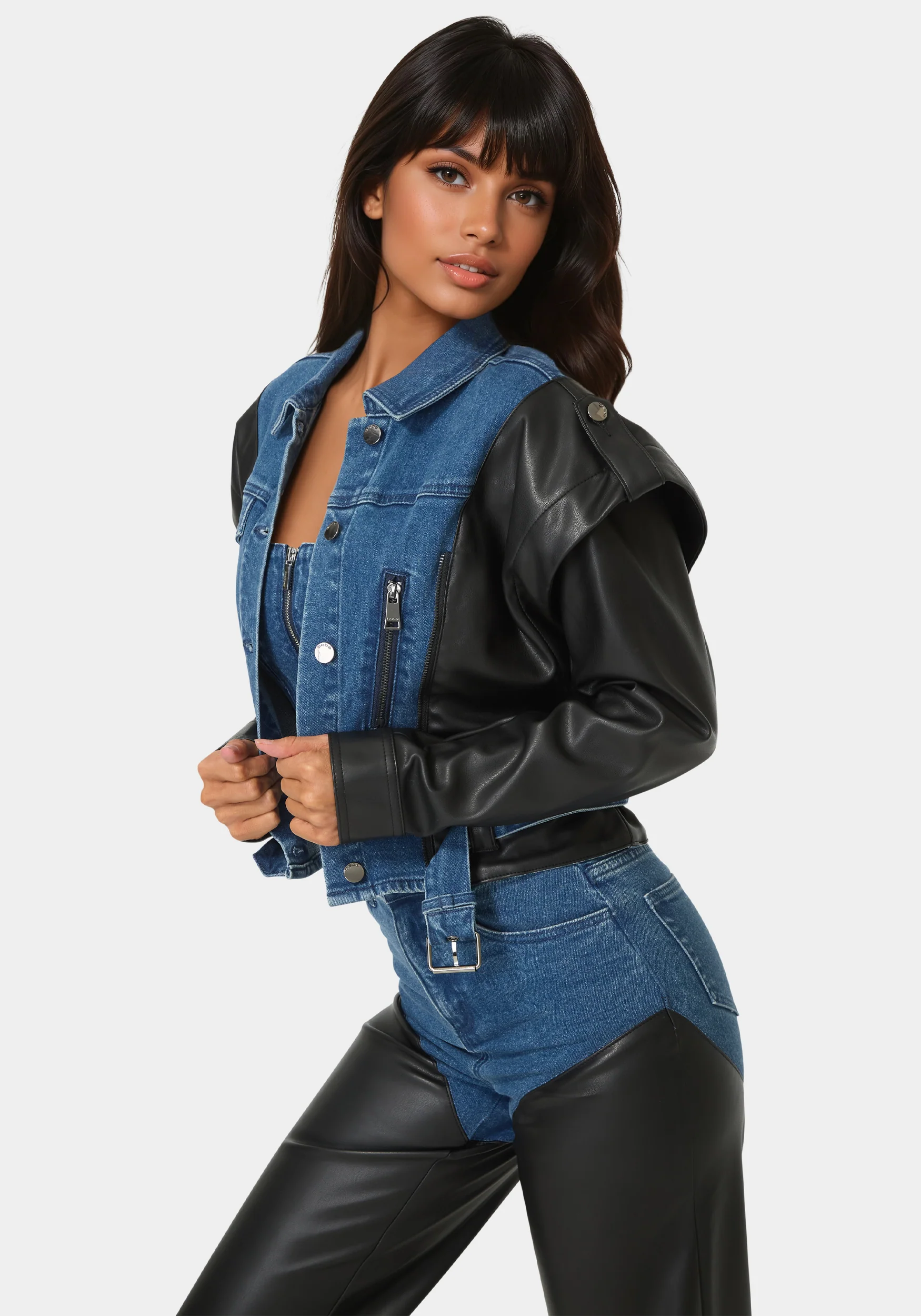 Vegan Leather Combo Denim Moto Jacket