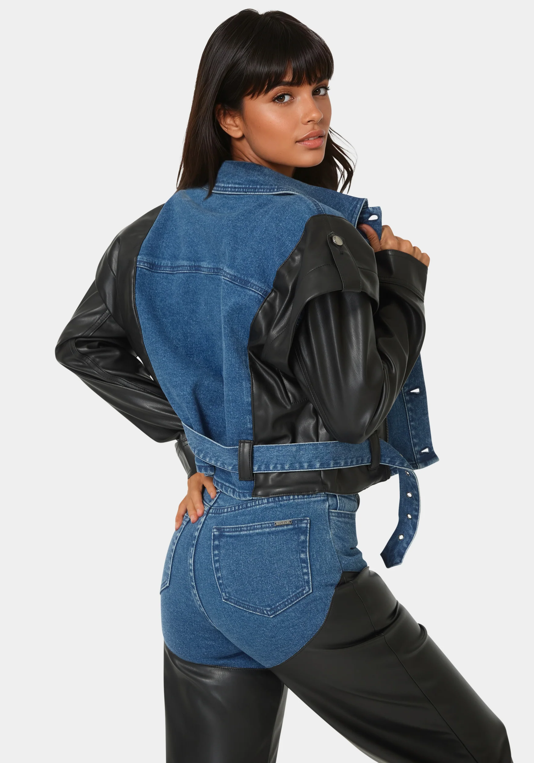 Vegan Leather Combo Denim Moto Jacket