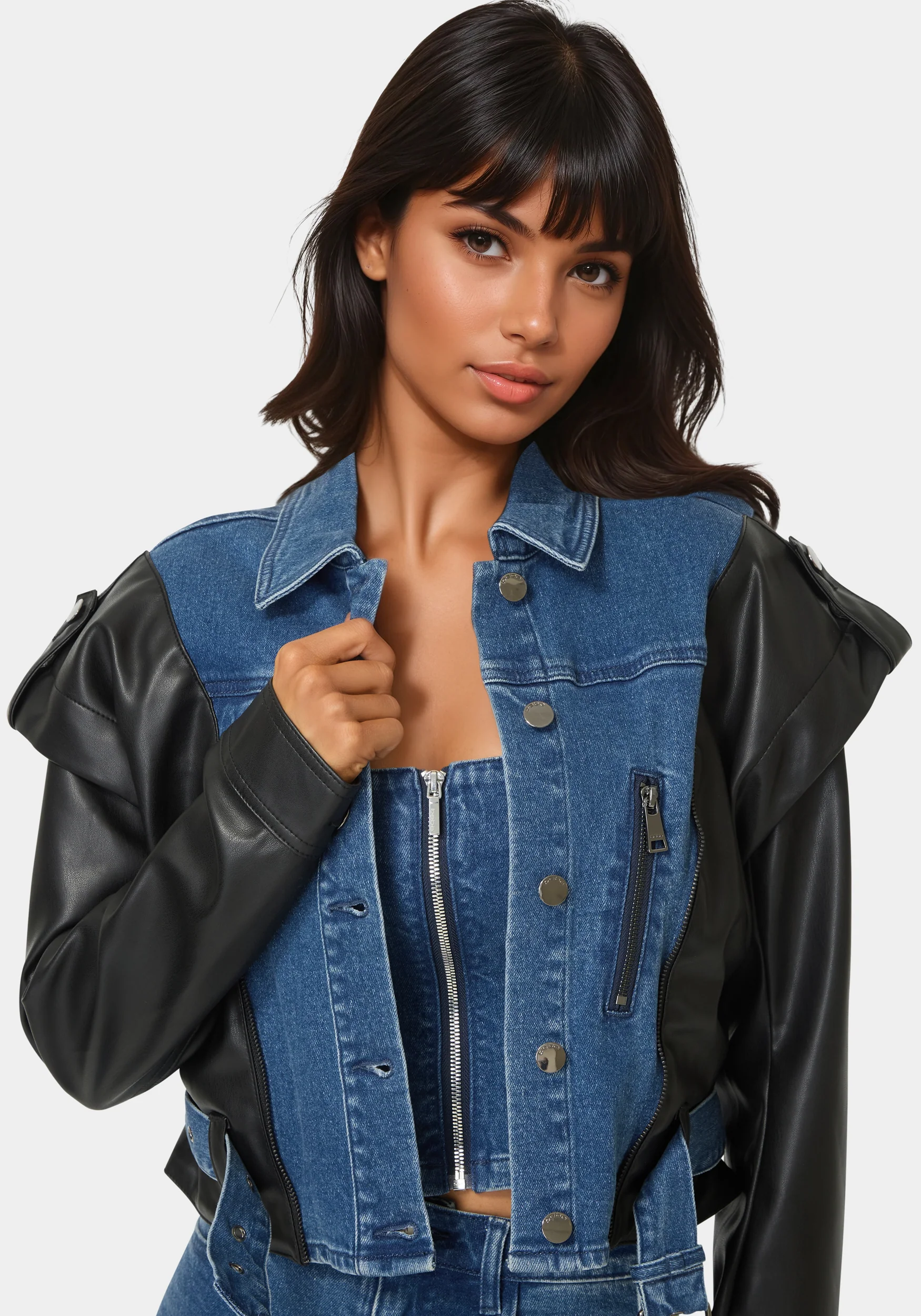 Vegan Leather Combo Denim Moto Jacket
