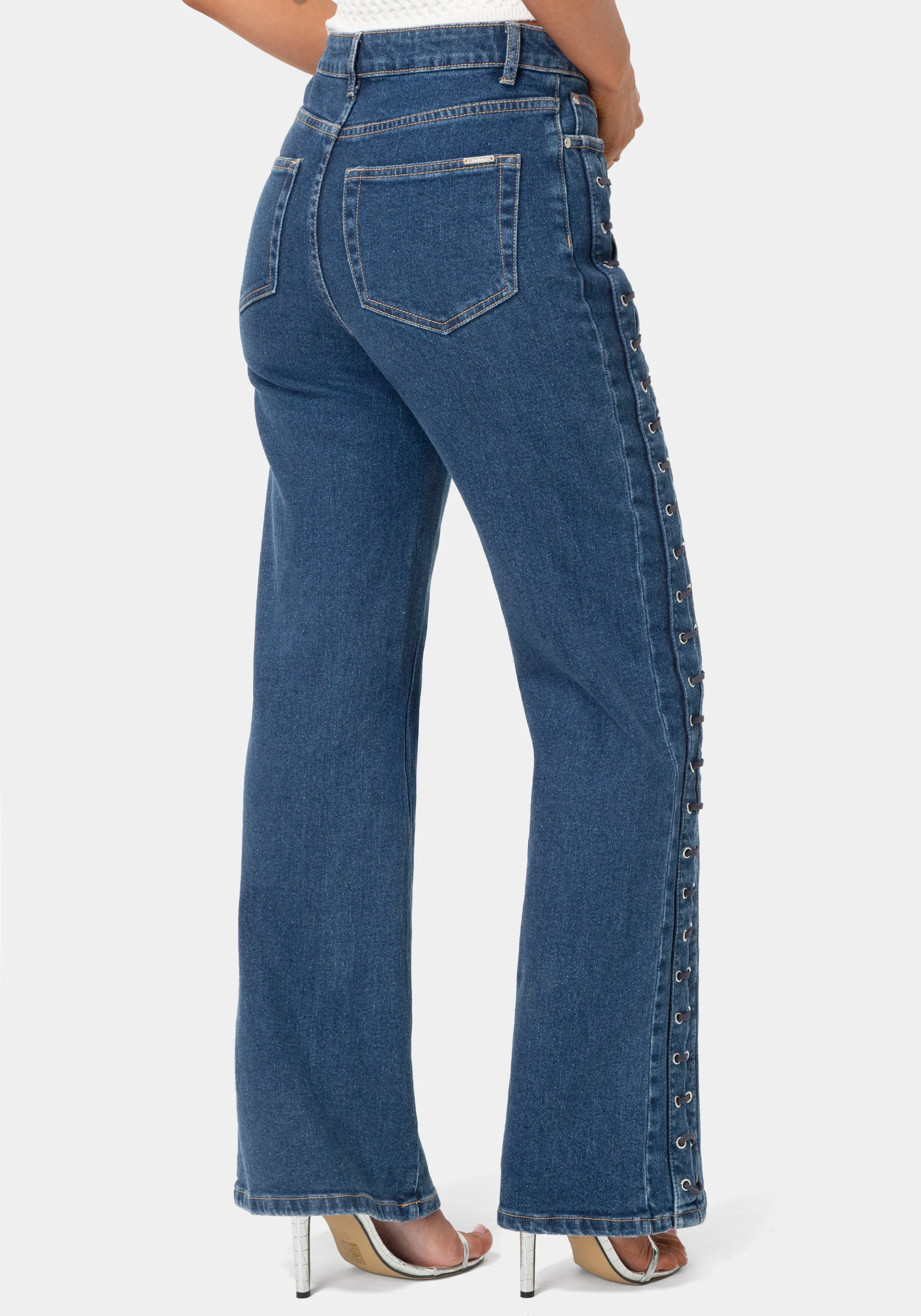High Waist Eyelet Lace Up Wide Leg Jean