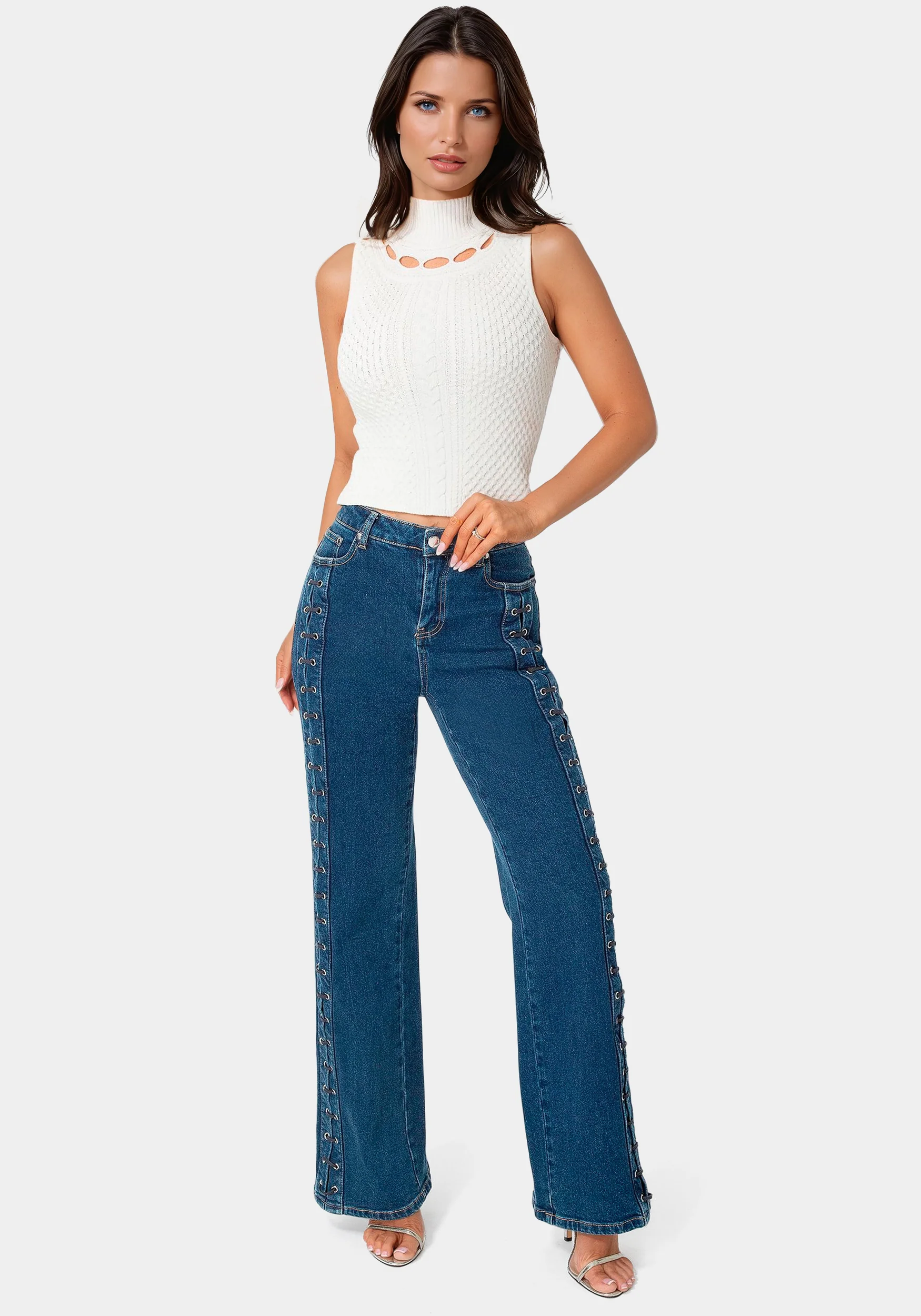 High Waist Eyelet Lace Up Wide Leg Jean