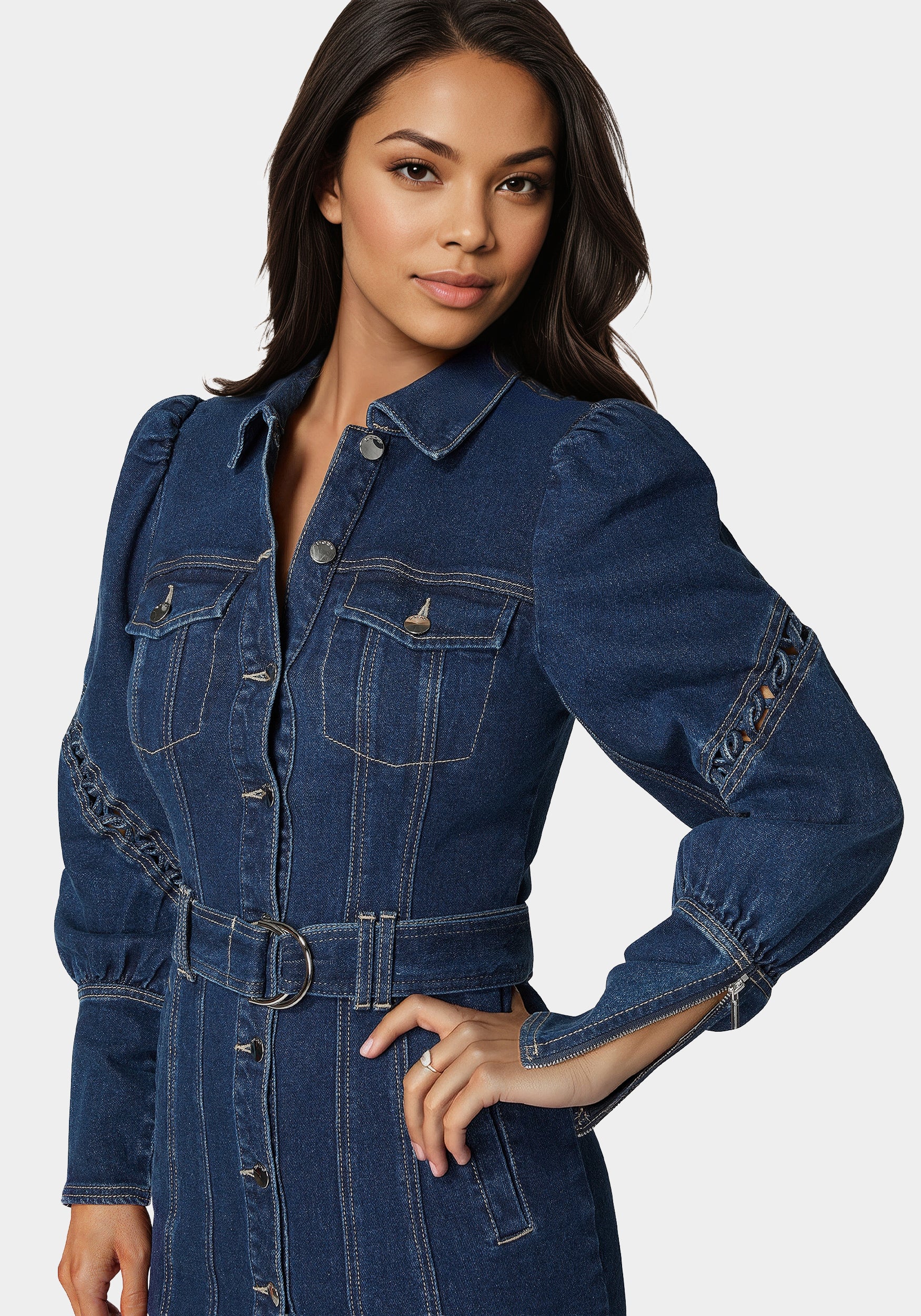 Sleeve Detail Front Button Denim Dress