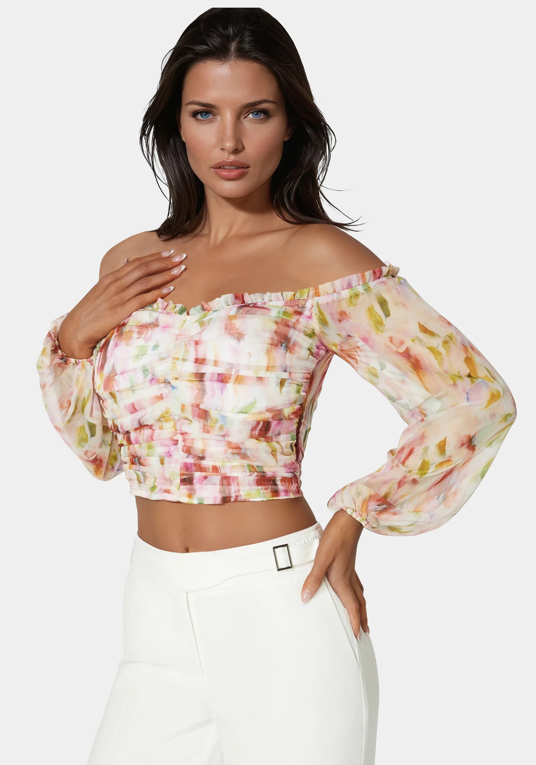 Printed Chiffon Cold Shoulder Ruched Top