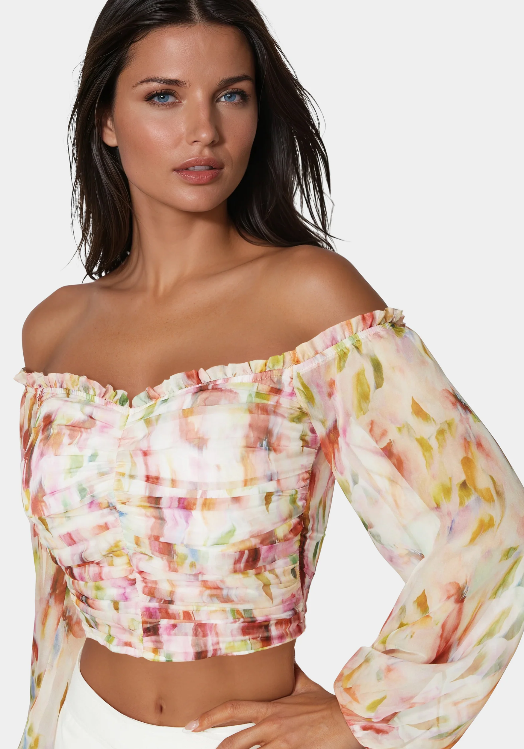 Printed Chiffon Cold Shoulder Ruched Top