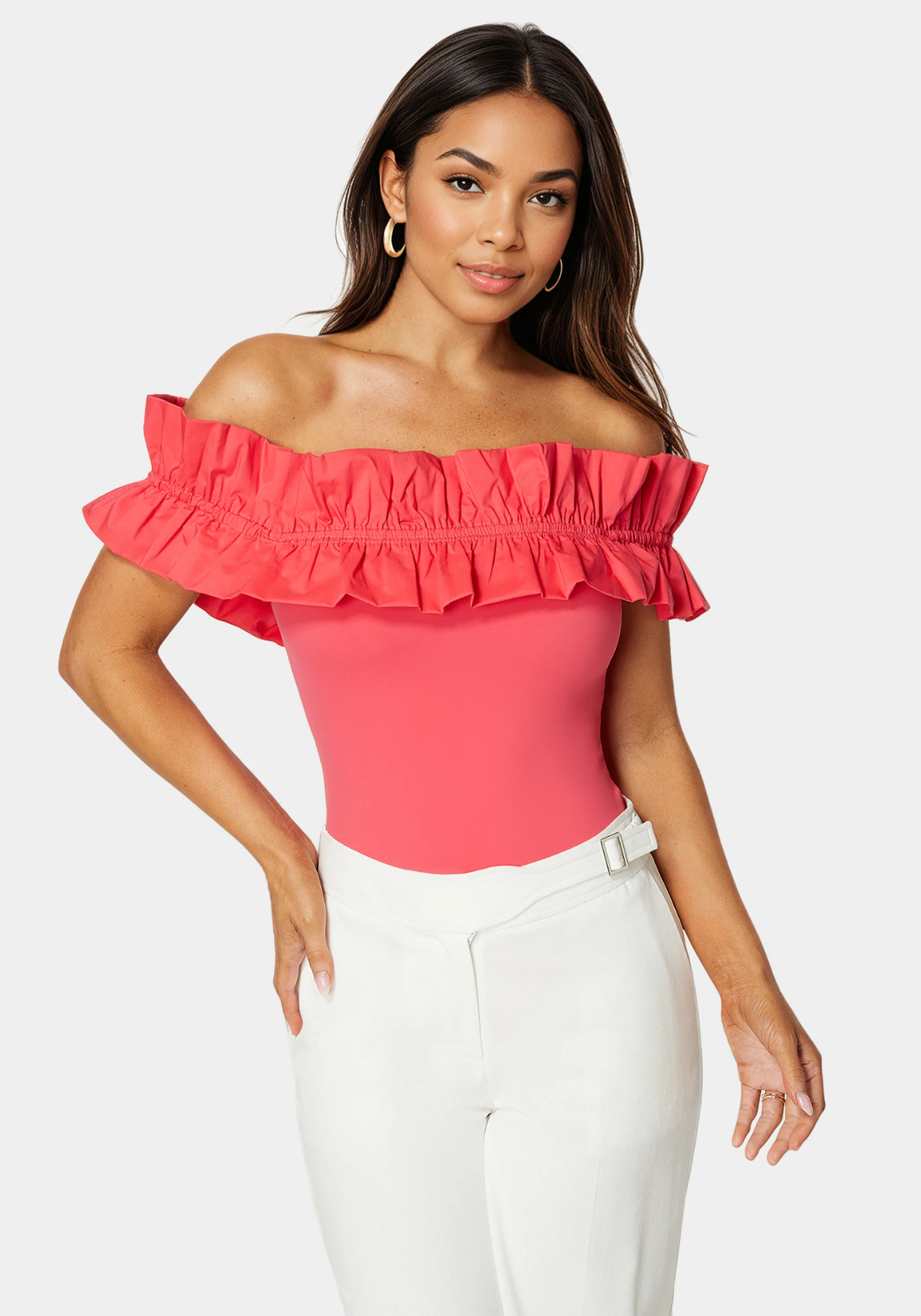 Off Shoulder Poplin Ruffle Knit Bodysuit