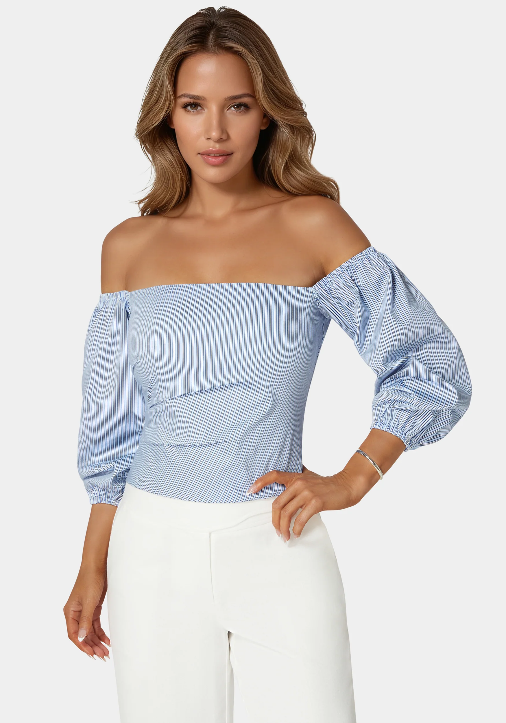 Poplin Bubble Sleeve Off Shoulder Draped Top