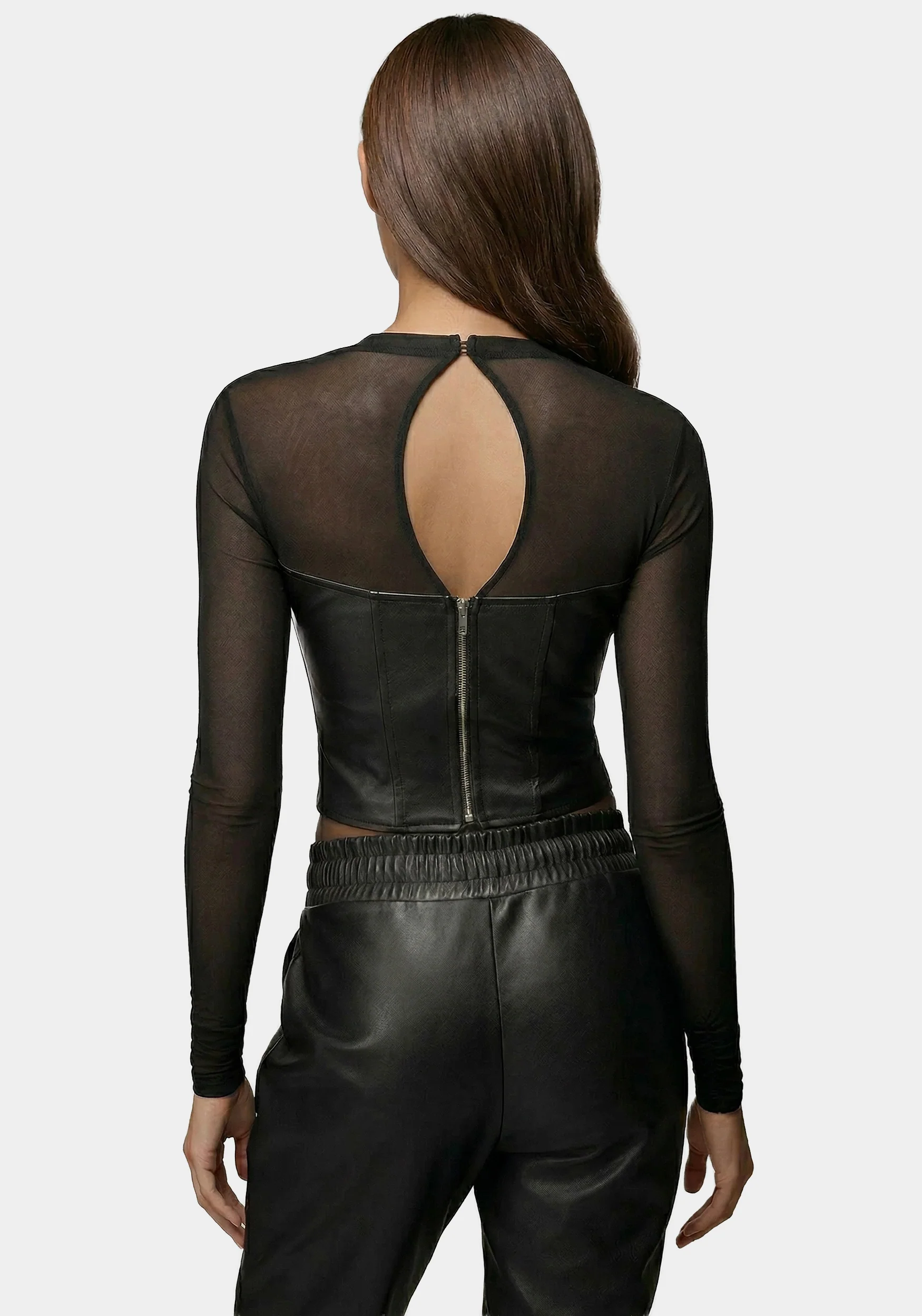 Mock Neck Mesh Combo Vegan Leather Top