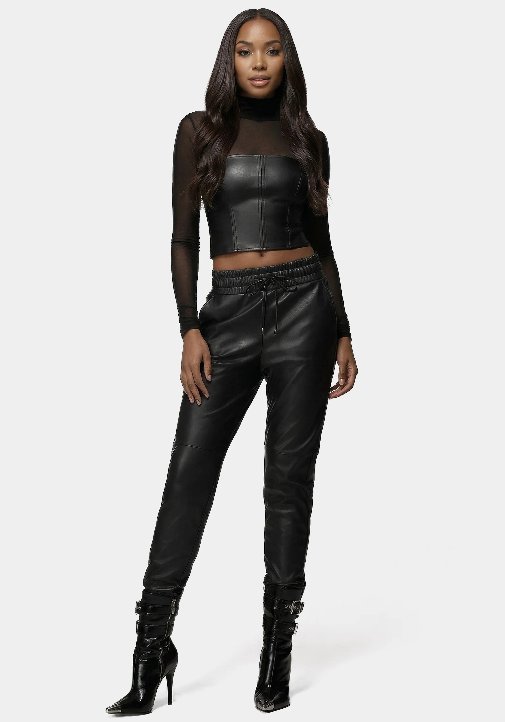 Mock Neck Mesh Combo Vegan Leather Top