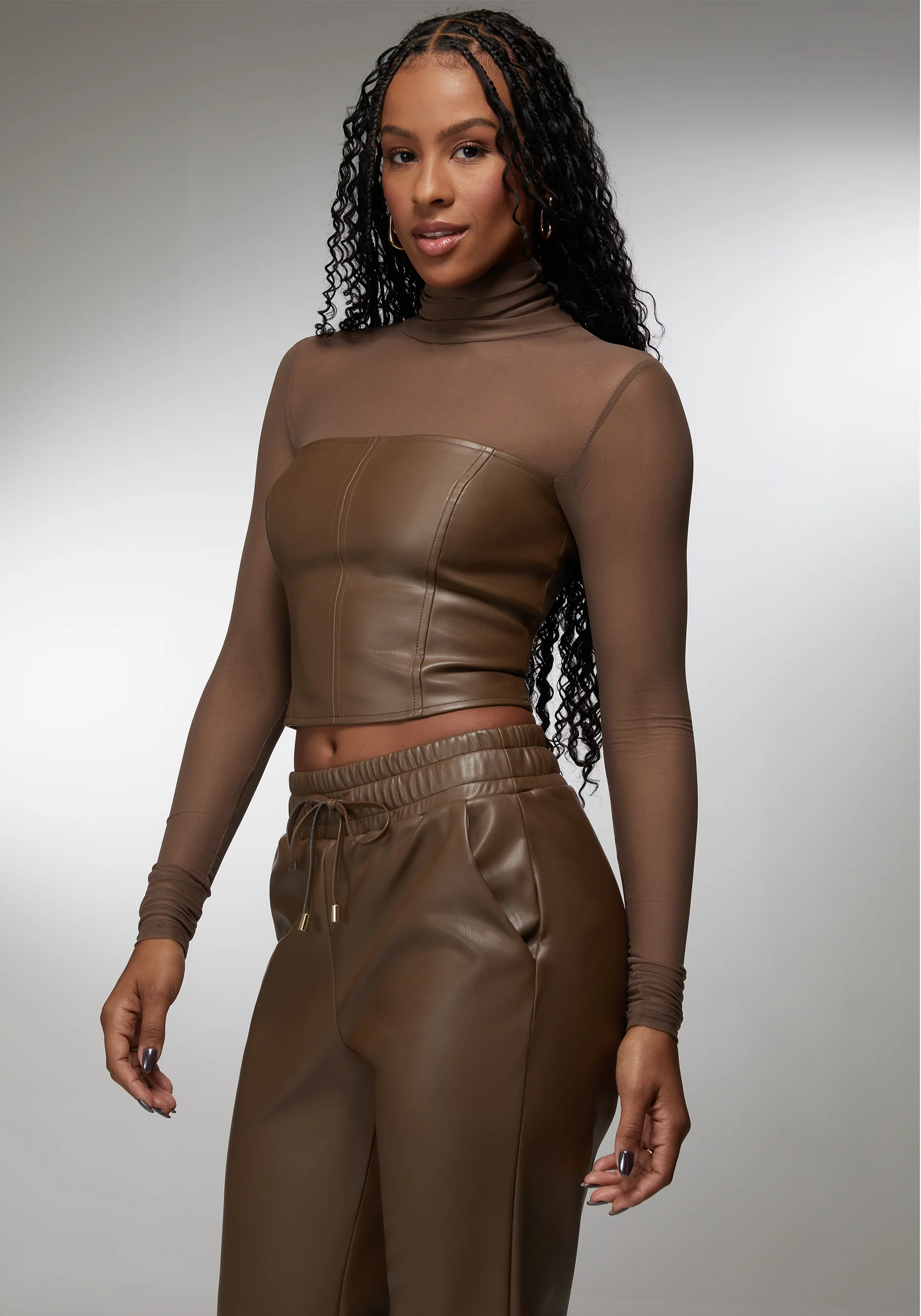 Mock Neck Mesh Combo Vegan Leather Top