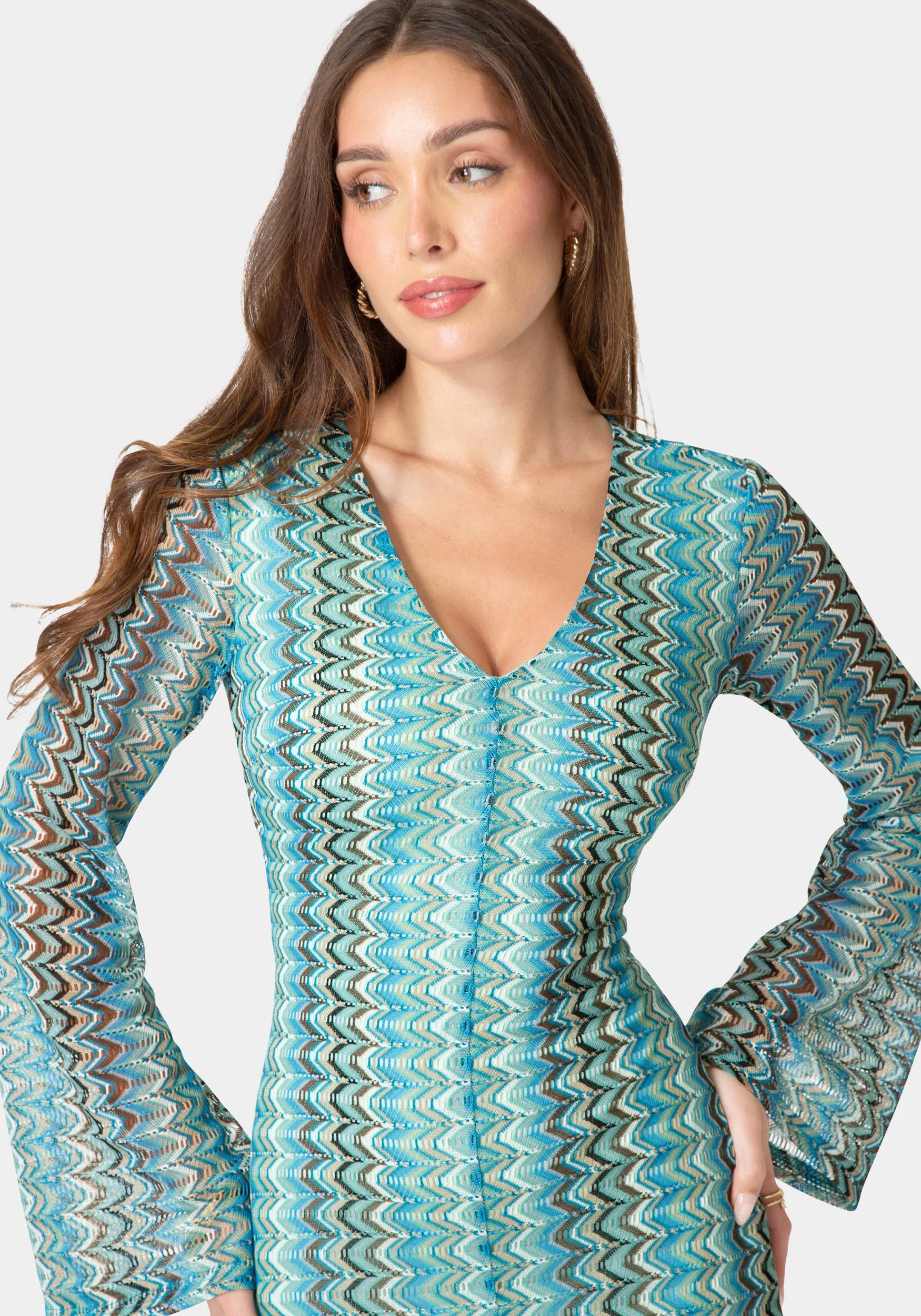 Crochet Stripe Bell Sleeve Maxi Dress
