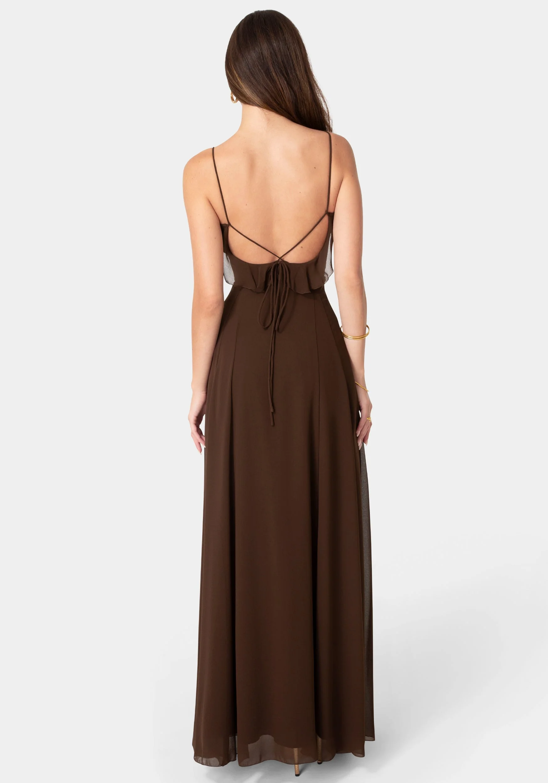 Lace Up Ruffle Chiffon Maxi Dress