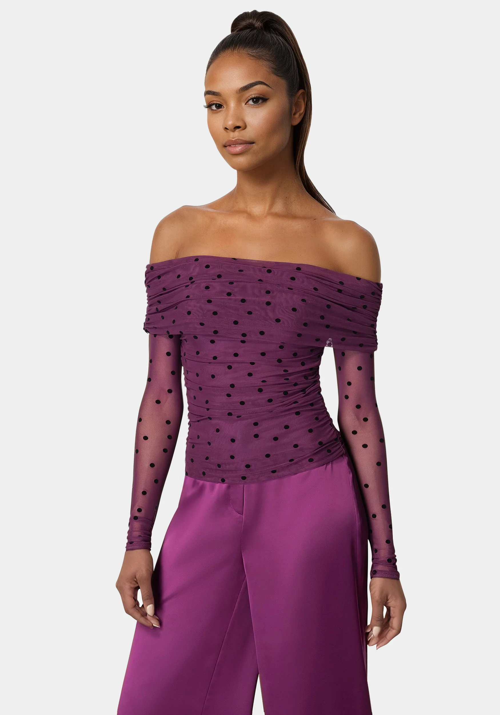 Off Shoulder Flocked Mesh Top
