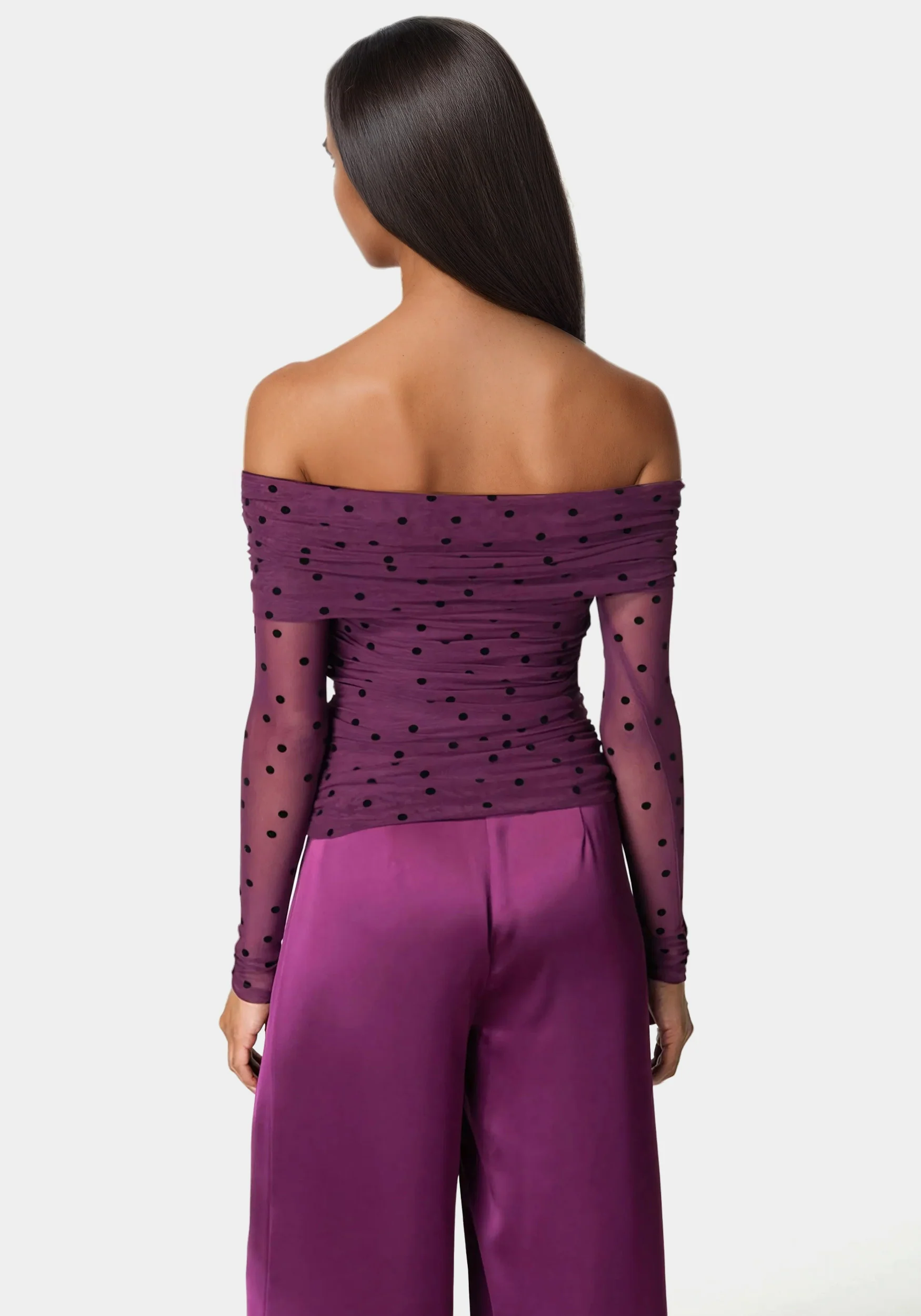 Off Shoulder Flocked Mesh Top