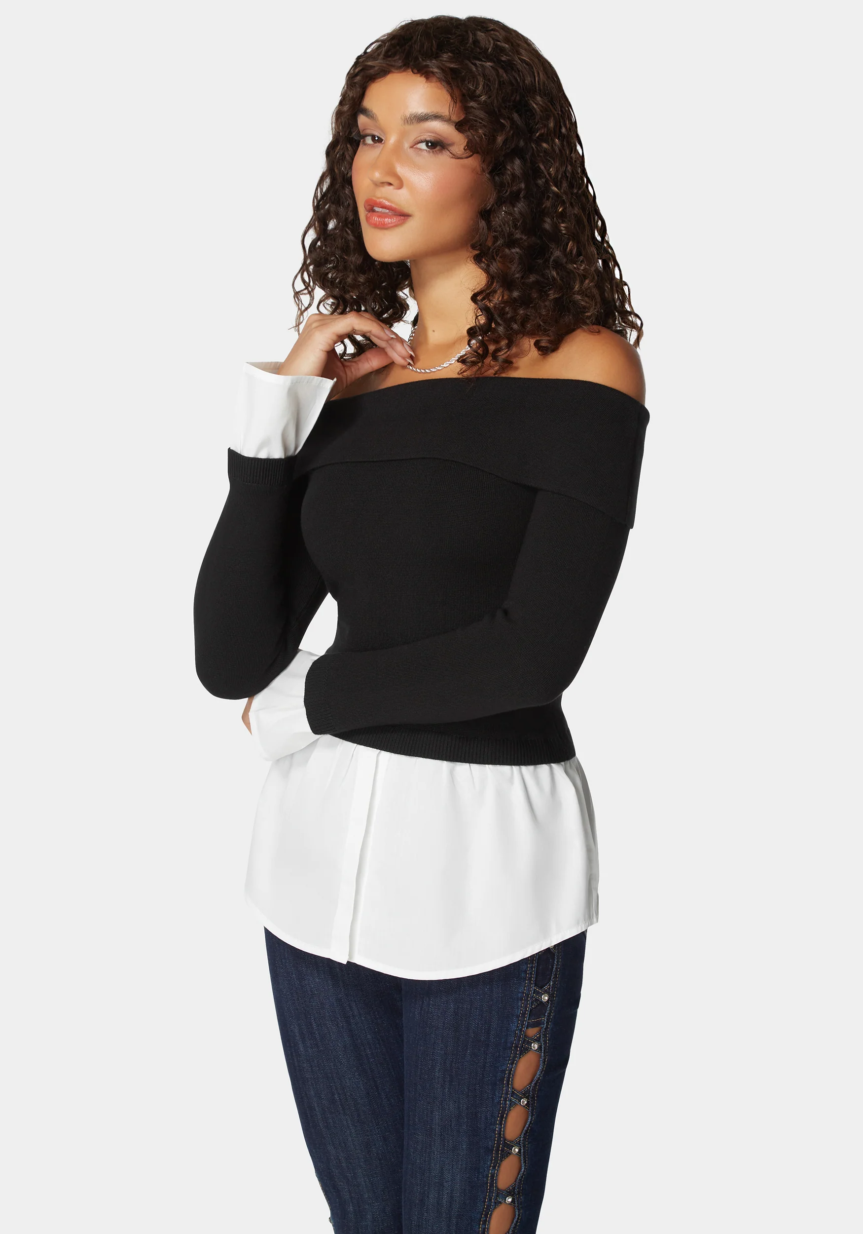 Poplin Combo Fold Over Off Shoulder Sweater Top