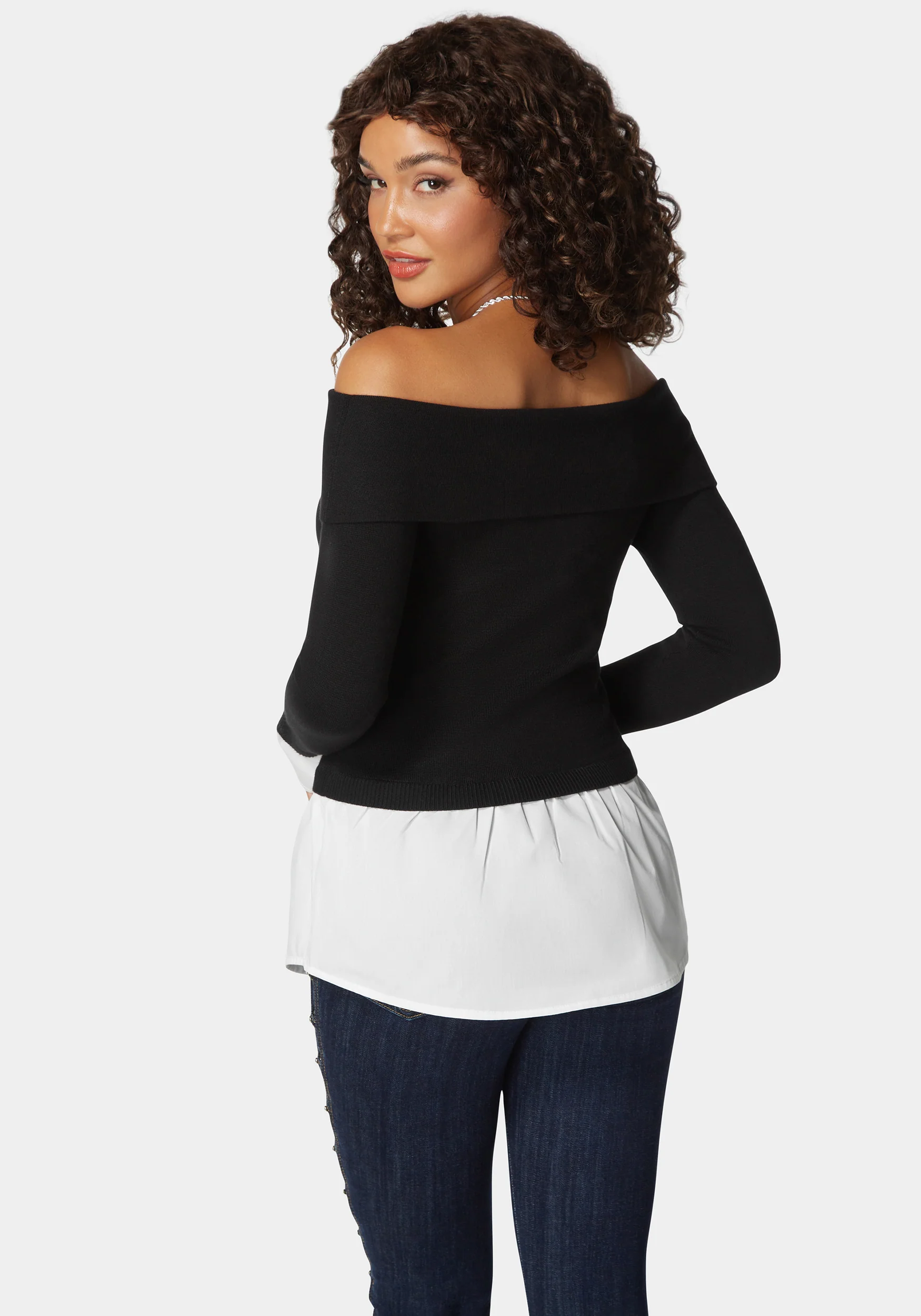 Poplin Combo Fold Over Off Shoulder Sweater Top