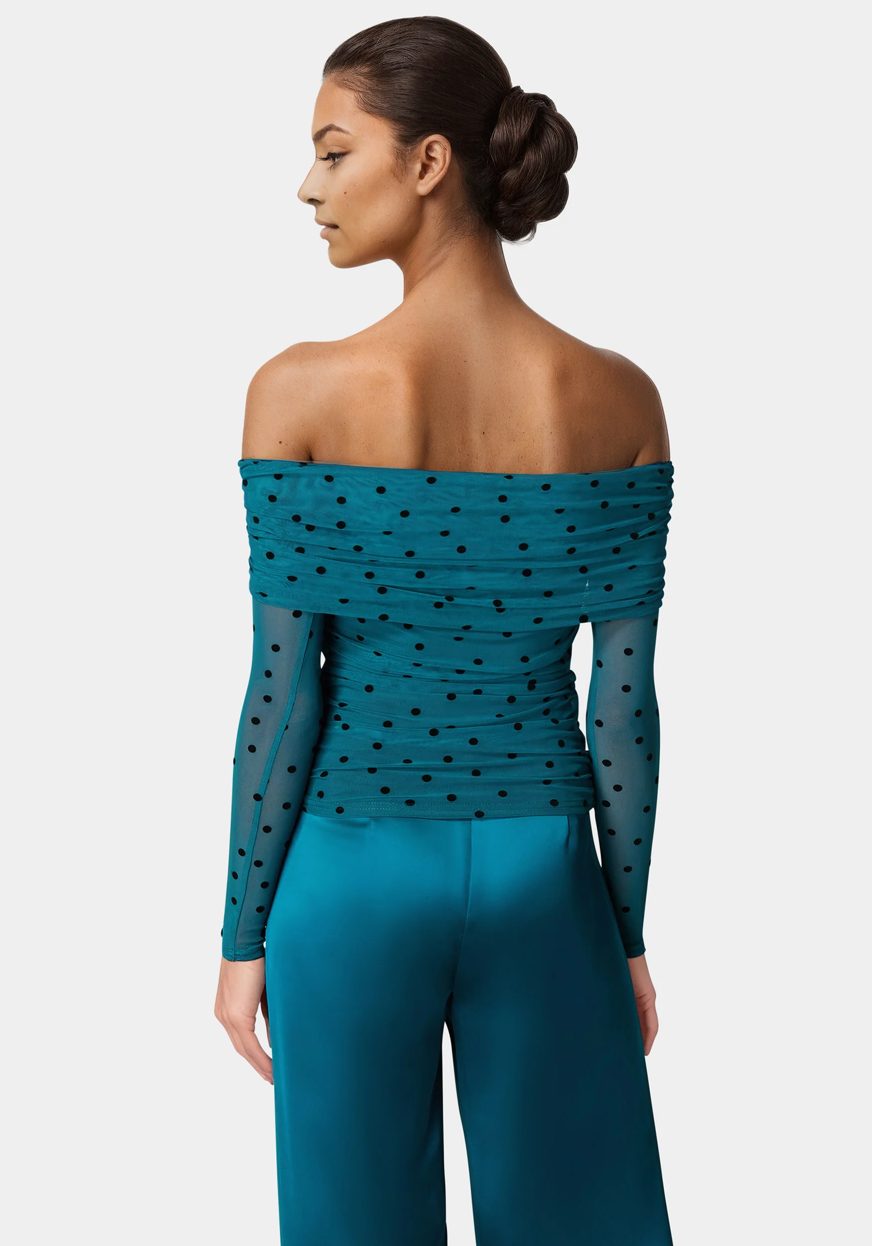 Off Shoulder Flocked Mesh Top
