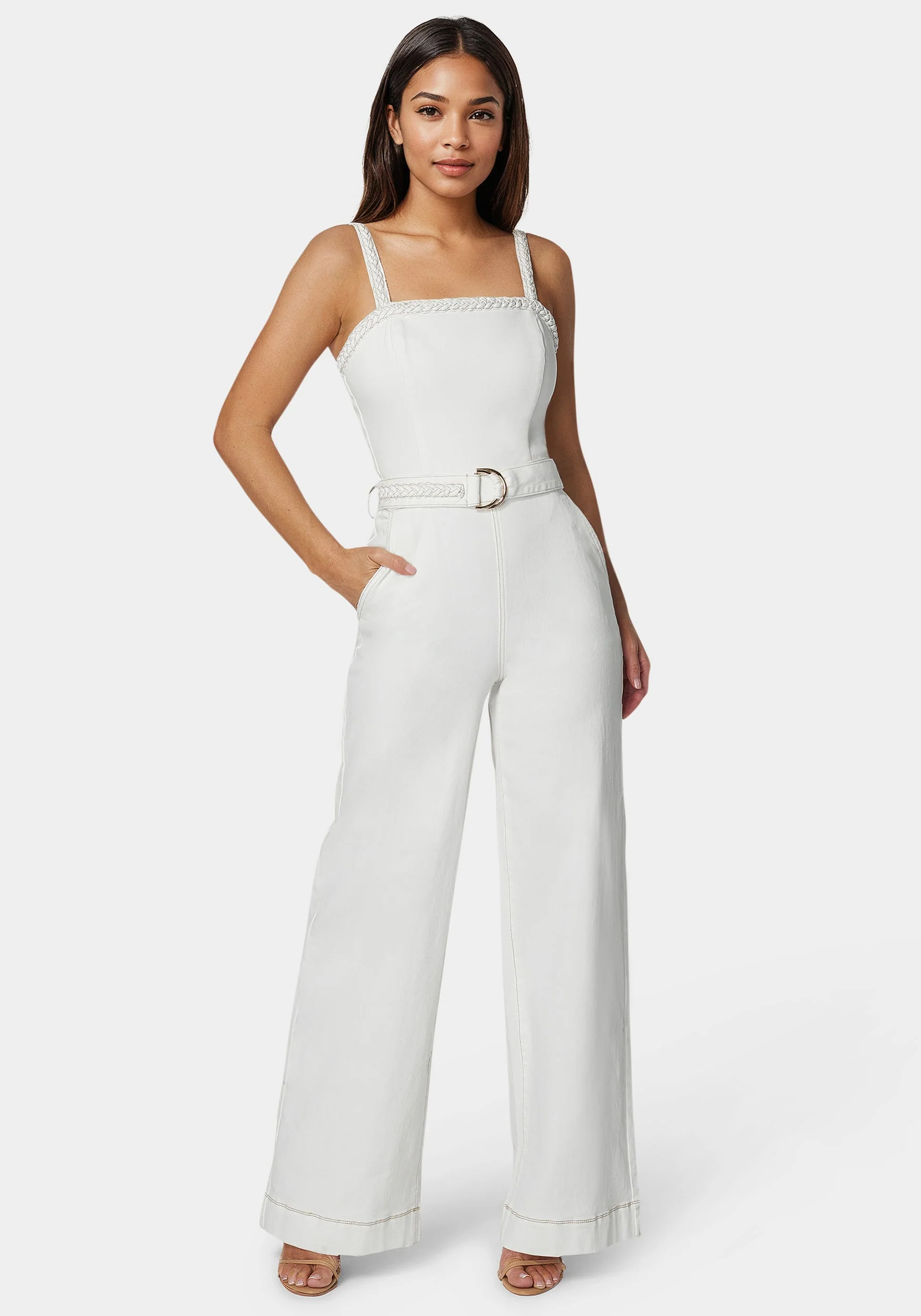 White Braided Wide Leg Denim Jumpsuit